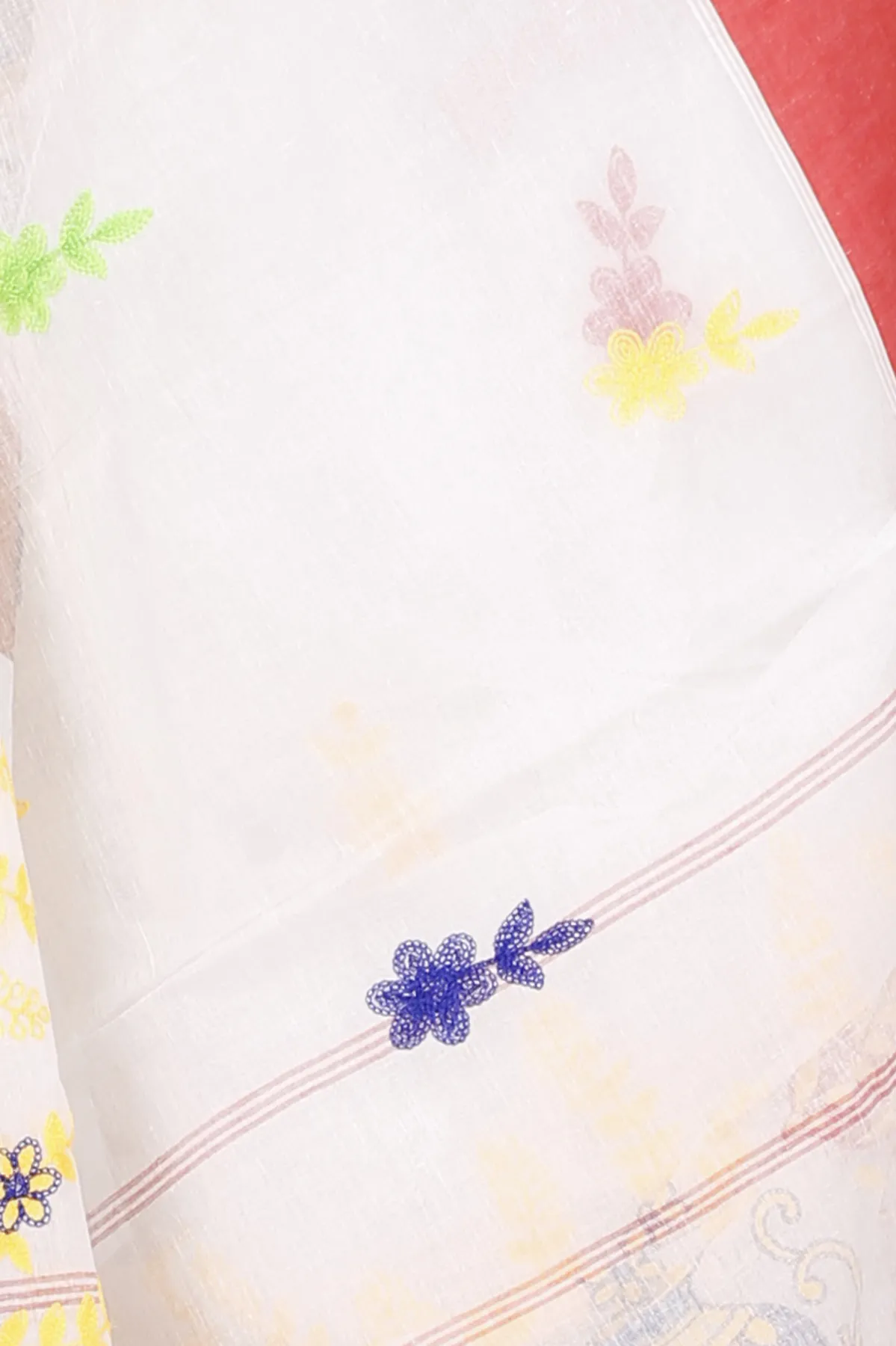 DipDiya Pure Cotton White Red Embi Elu Ghot Artisan Woven Embroidery Tant Sarees