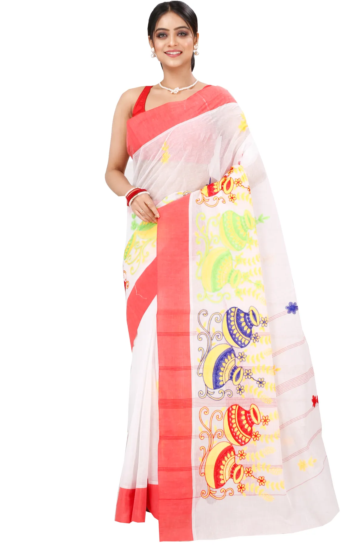 DipDiya Pure Cotton White Red Embi Elu Ghot Artisan Woven Embroidery Tant Sarees