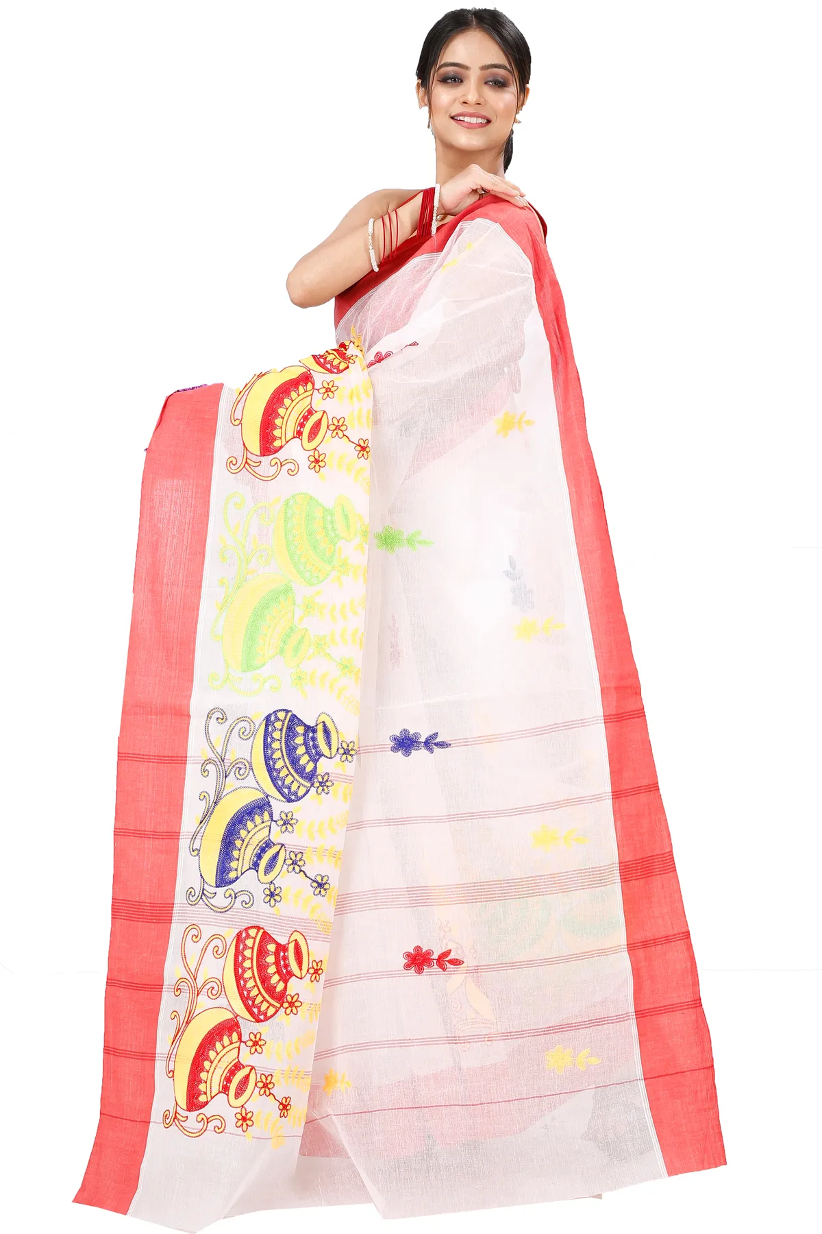 DipDiya Pure Cotton White Red Embi Elu Ghot Artisan Woven Embroidery Tant Sarees
