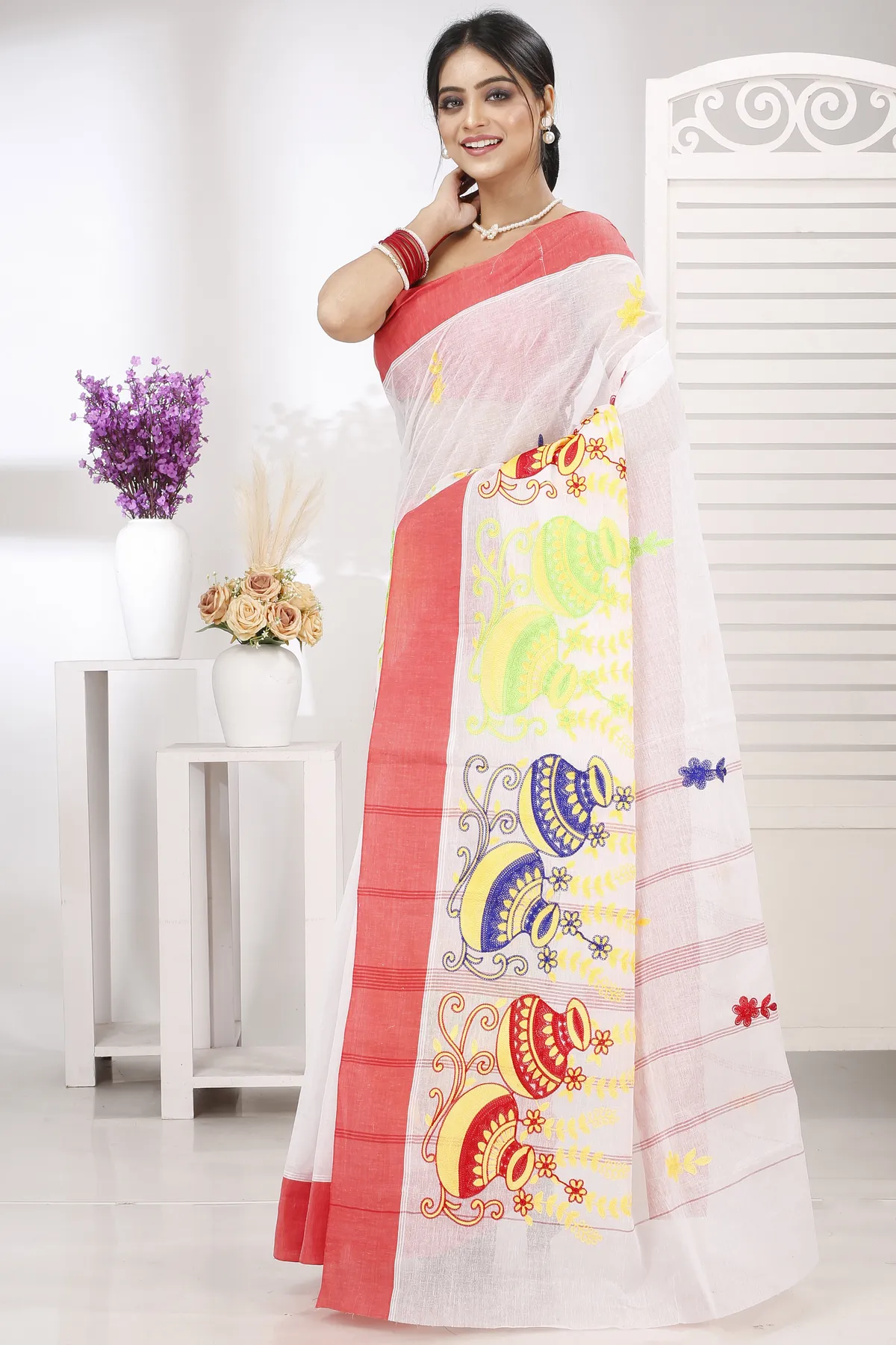DipDiya Pure Cotton White Red Embi Elu Ghot Artisan Woven Embroidery Tant Sarees