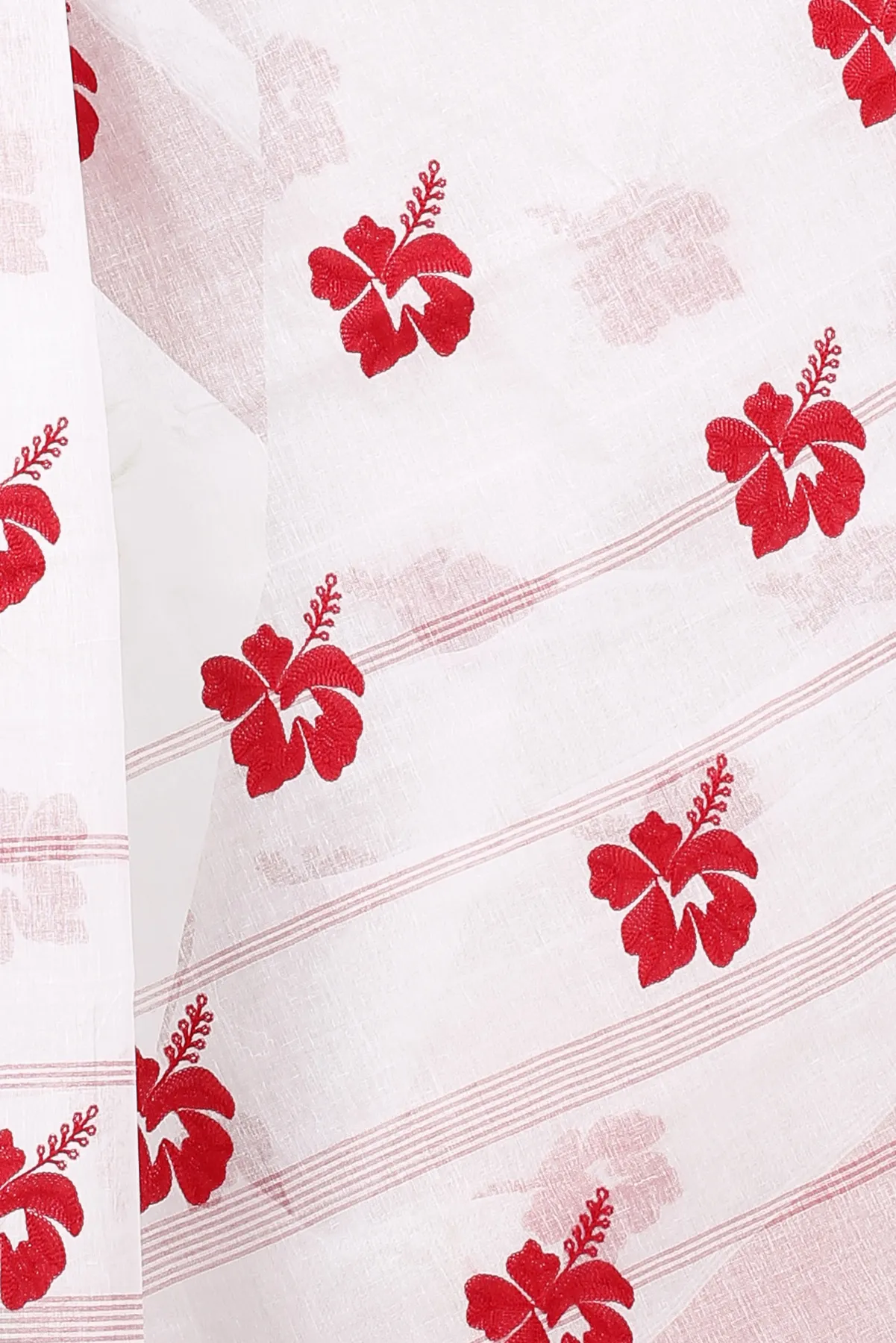 DipDiya Pure Cotton White Red Embi Elu Joba Effortless Tradition Embroidery Tant Sarees