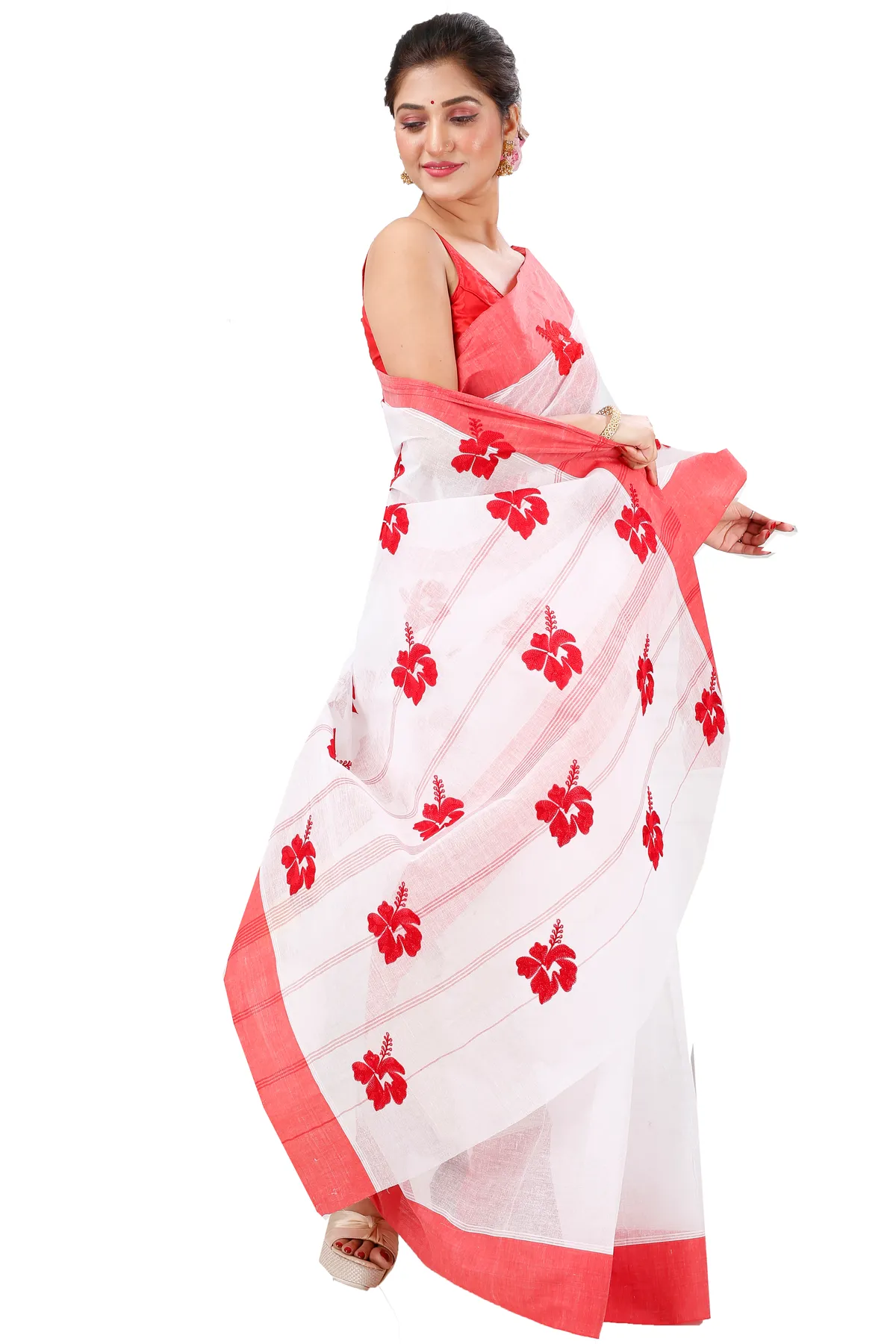 DipDiya Pure Cotton White Red Embi Elu Joba Effortless Tradition Embroidery Tant Sarees