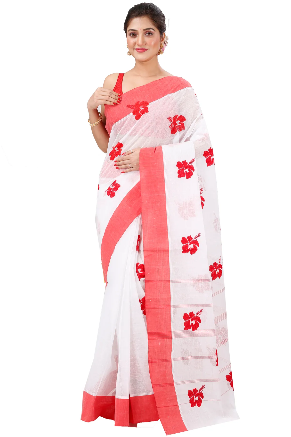 DipDiya Pure Cotton White Red Embi Elu Joba Effortless Tradition Embroidery Tant Sarees