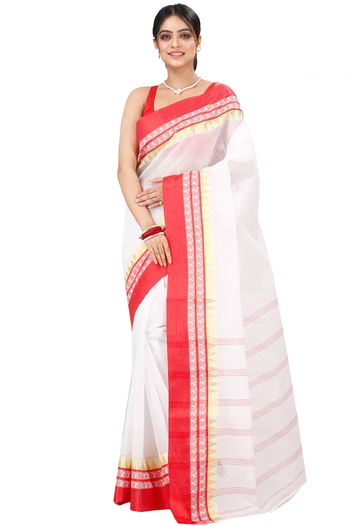 DipDiya Pure Cotton White Red Ethan Rooted in Bengal Tant Sarees