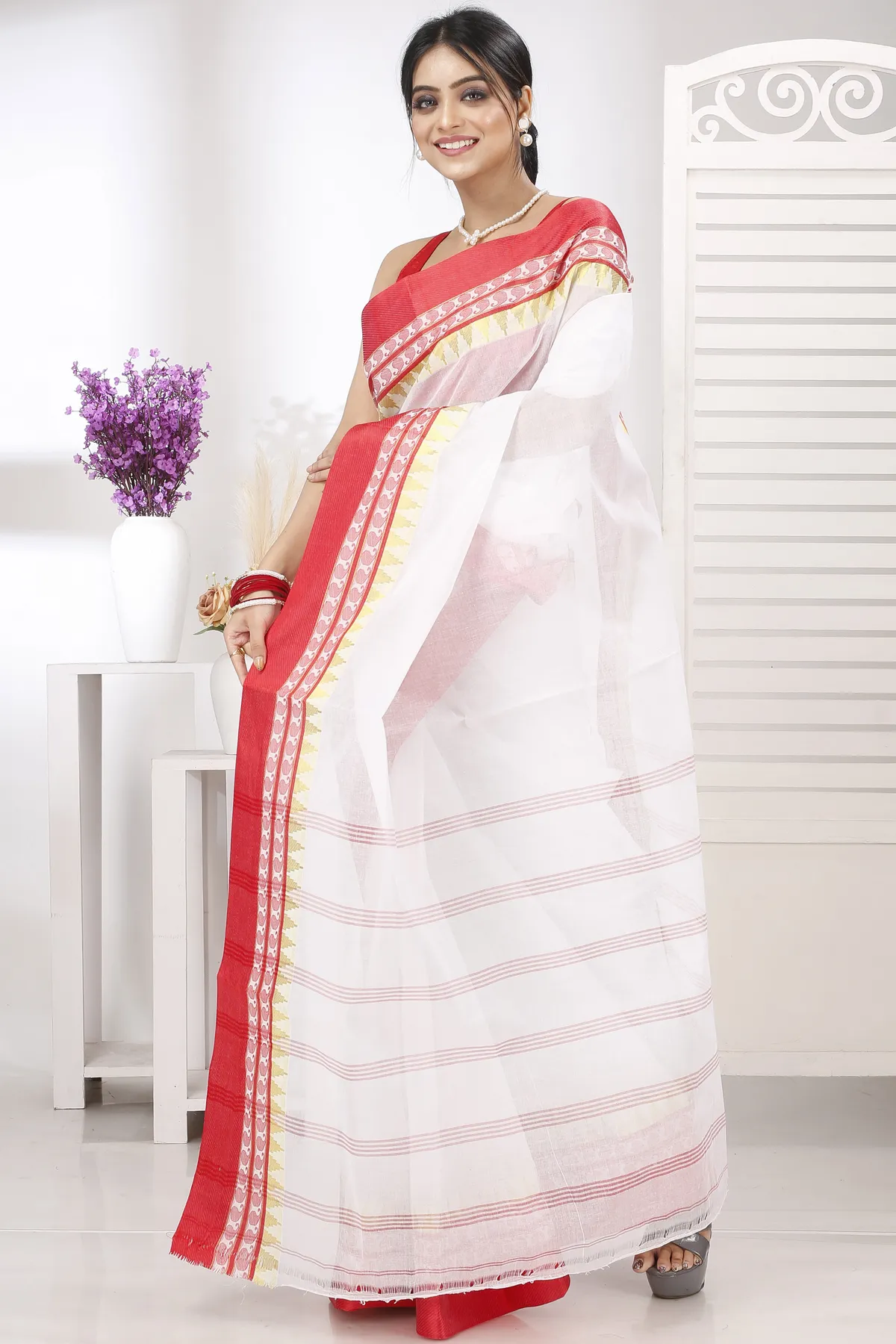 DipDiya Pure Cotton White Red Ethan Rooted in Bengal Tant Sarees