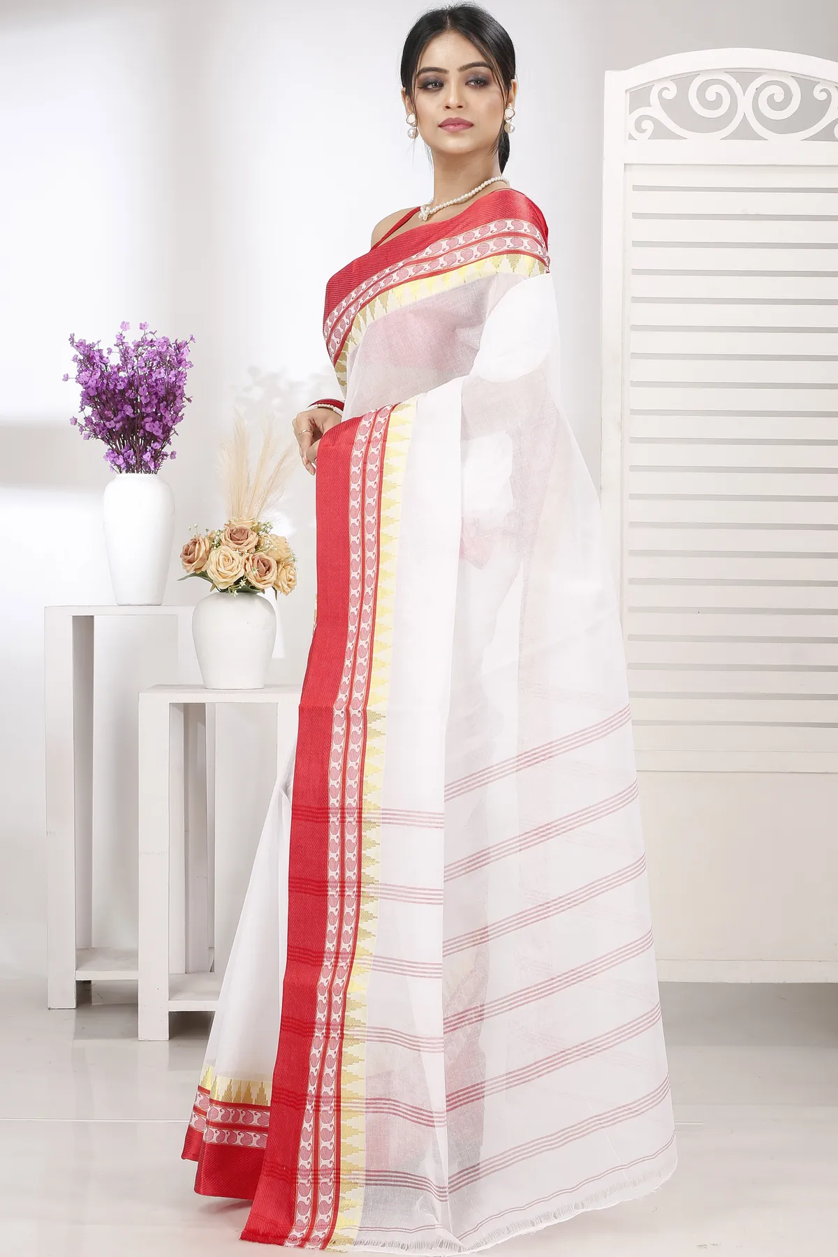 DipDiya Pure Cotton White Red Ethan Rooted in Bengal Tant Sarees