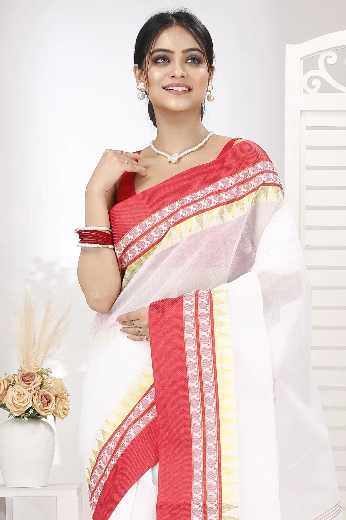 DipDiya Pure Cotton White Red Ethan Rooted in Bengal Tant Sarees