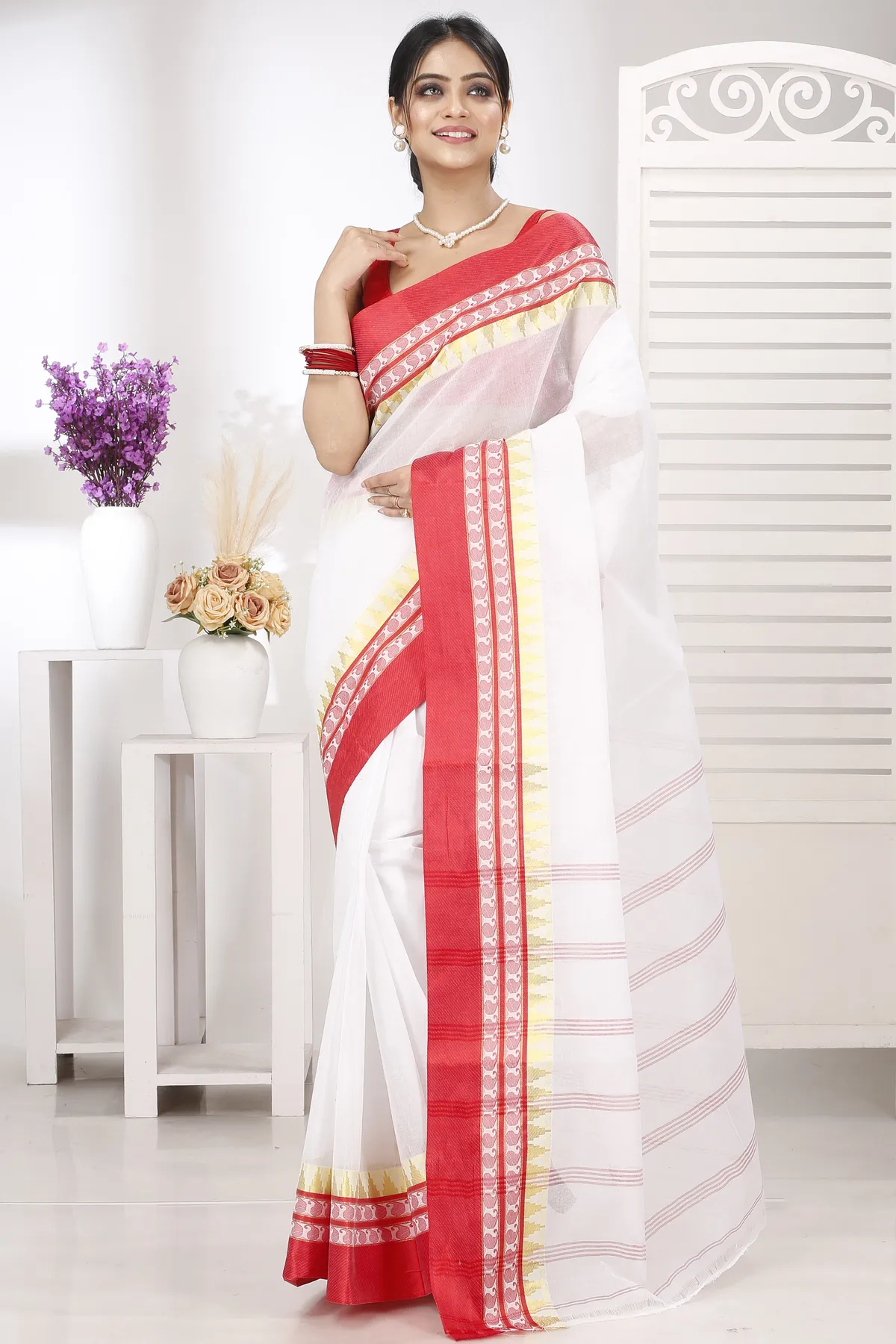 DipDiya Pure Cotton White Red Ethan Rooted in Bengal Tant Sarees