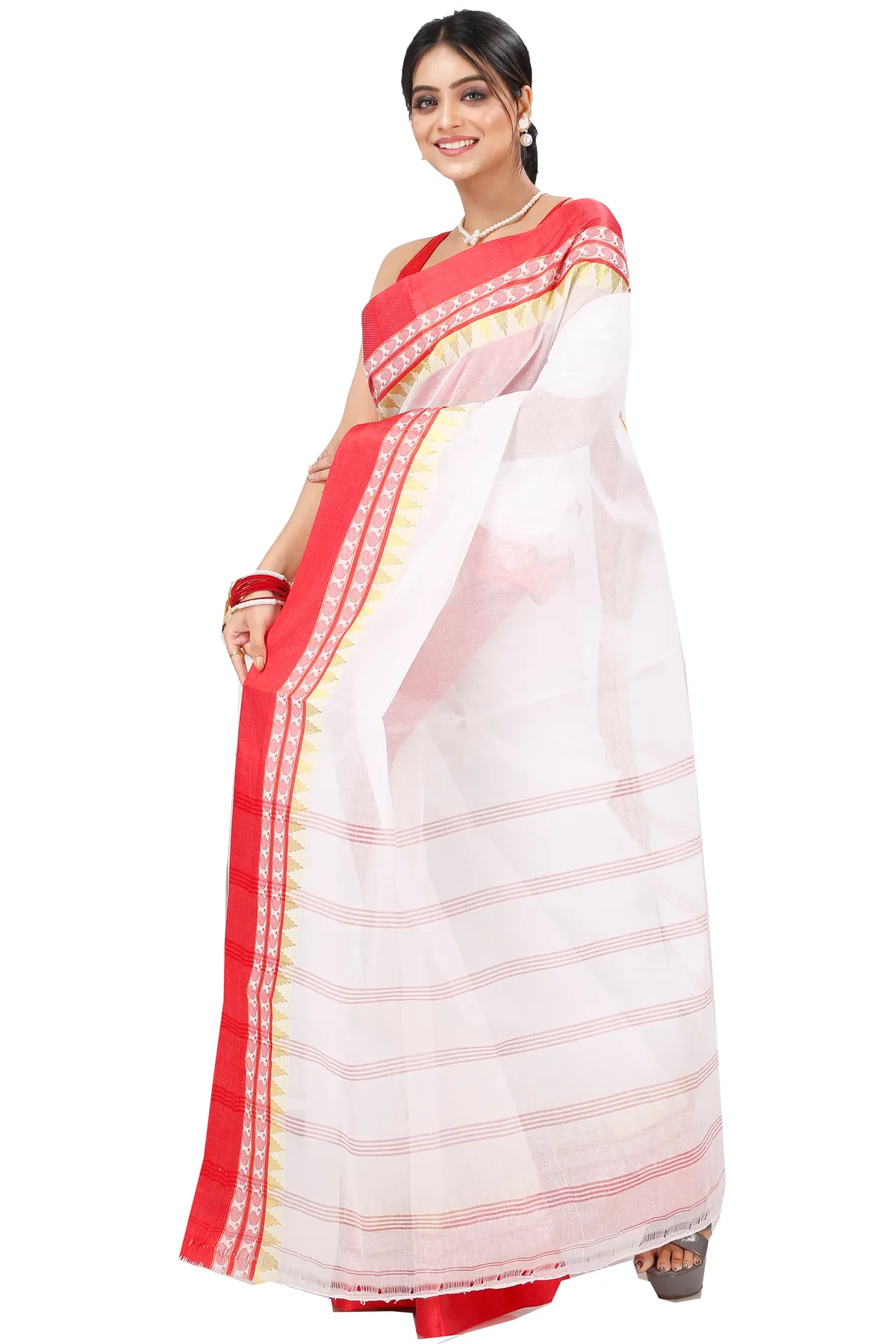 DipDiya Pure Cotton White Red Ethan Rooted in Bengal Tant Sarees