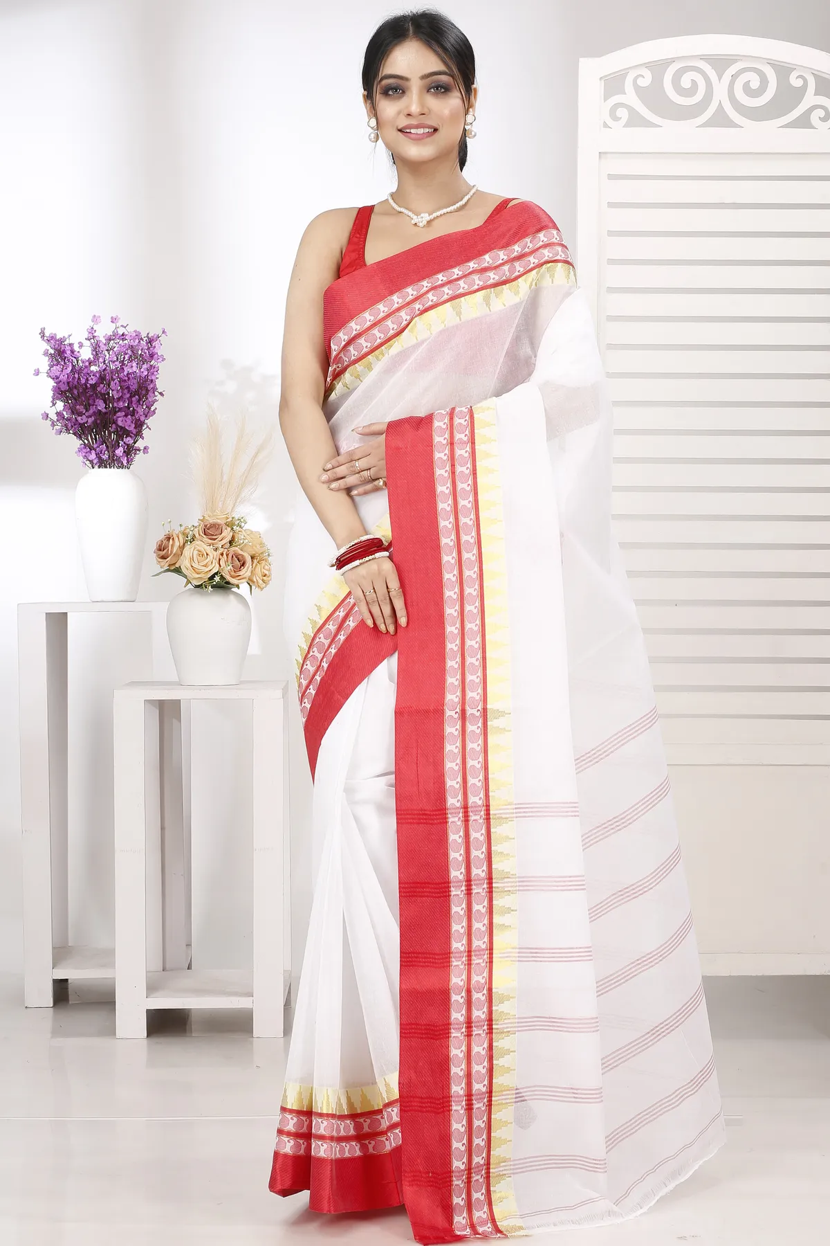 DipDiya Pure Cotton White Red Ethan Rooted in Bengal Tant Sarees