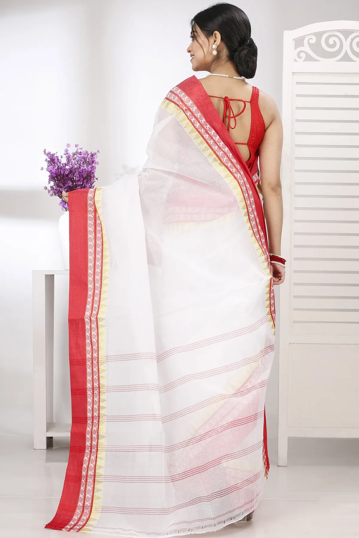 DipDiya Pure Cotton White Red Ethan Rooted in Bengal Tant Sarees