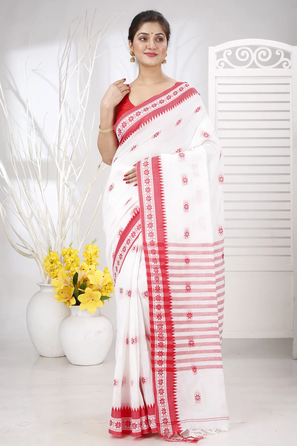 DipDiya Pure Cotton White Red Guti Hand Crafted with Soul Handloom Sarees