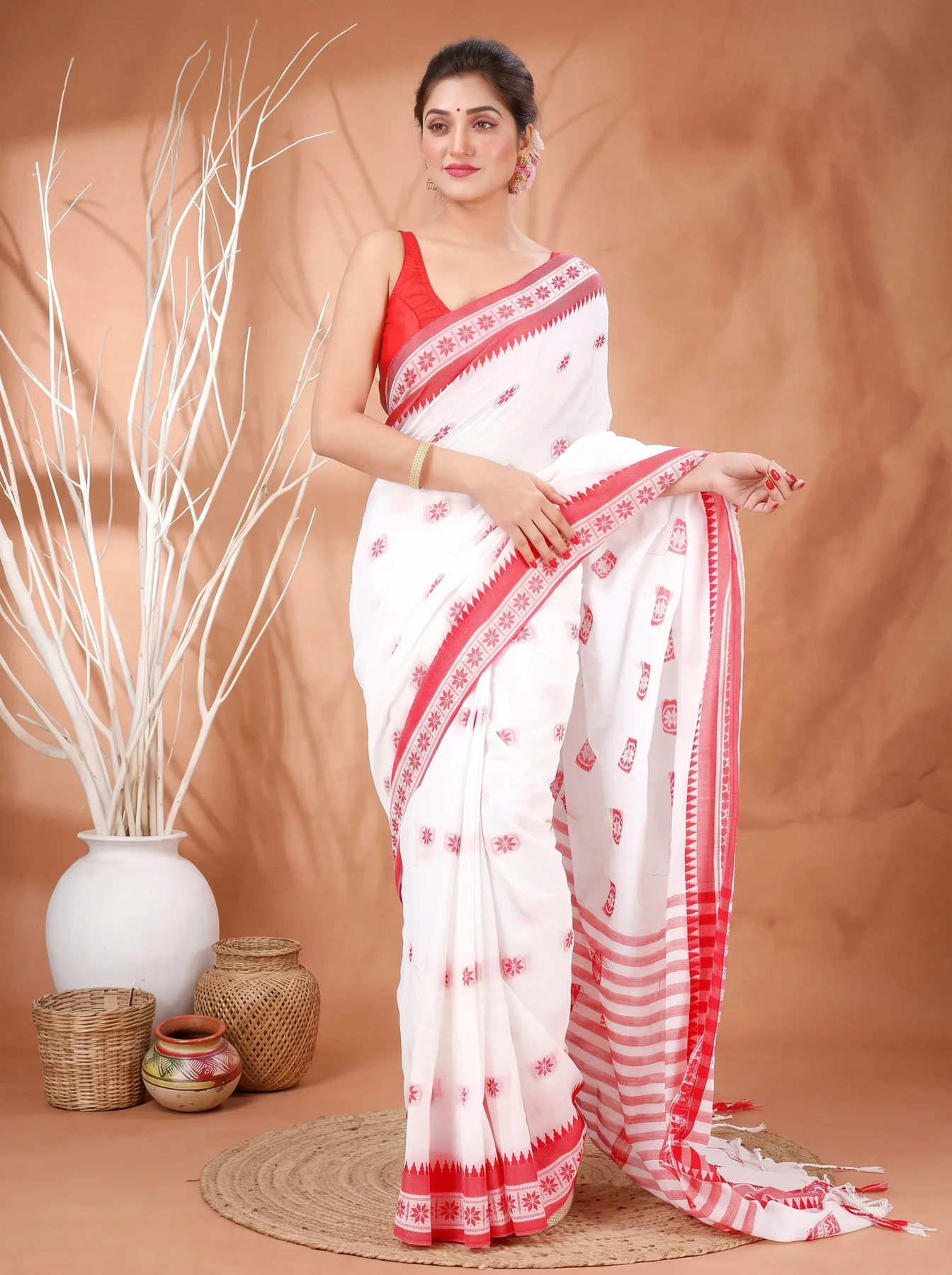 DipDiya Pure Cotton White Red Guti Hand Crafted with Soul Handloom Sarees