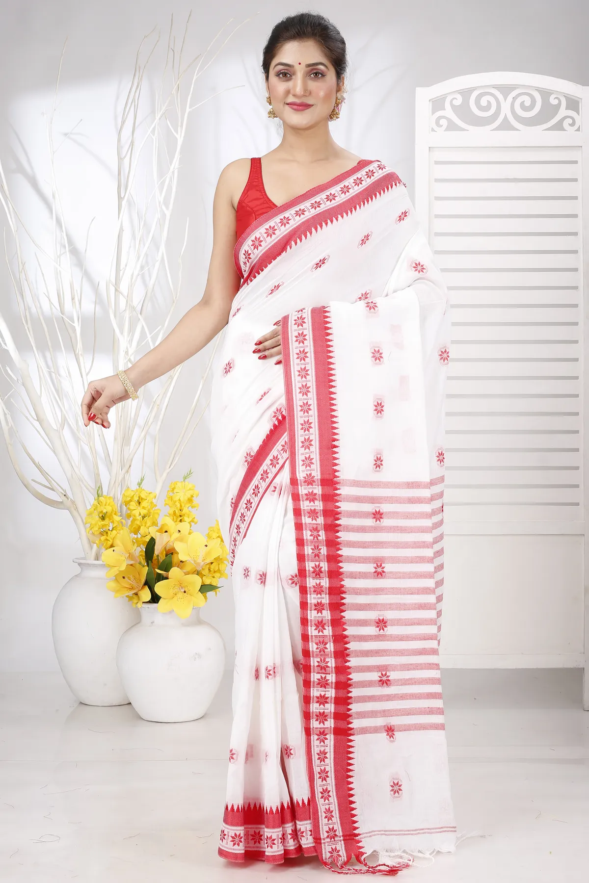 DipDiya Pure Cotton White Red Guti Hand Crafted with Soul Handloom Sarees