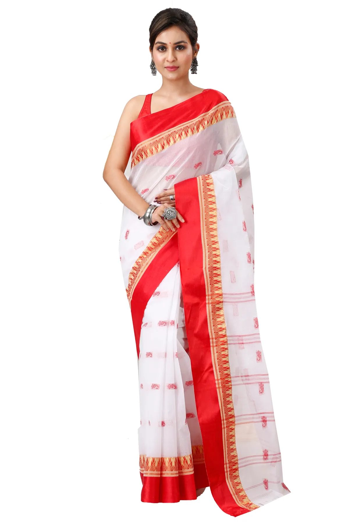DipDiya Pure Cotton White Red Lagan Heritage Elegance Tant Sarees
