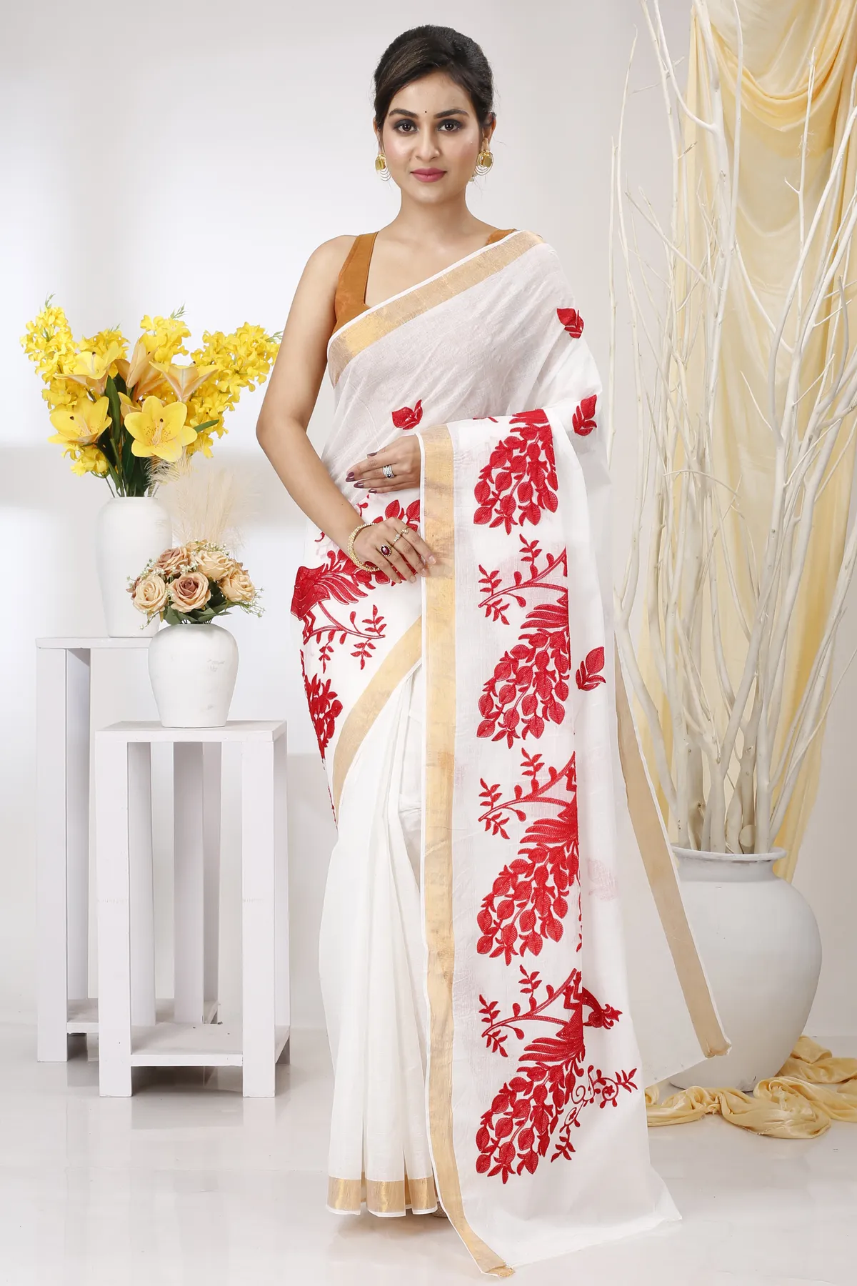 DipDiya Pure Cotton White Red Leo Tradition in Every Thread Embroidery Tant Sarees
