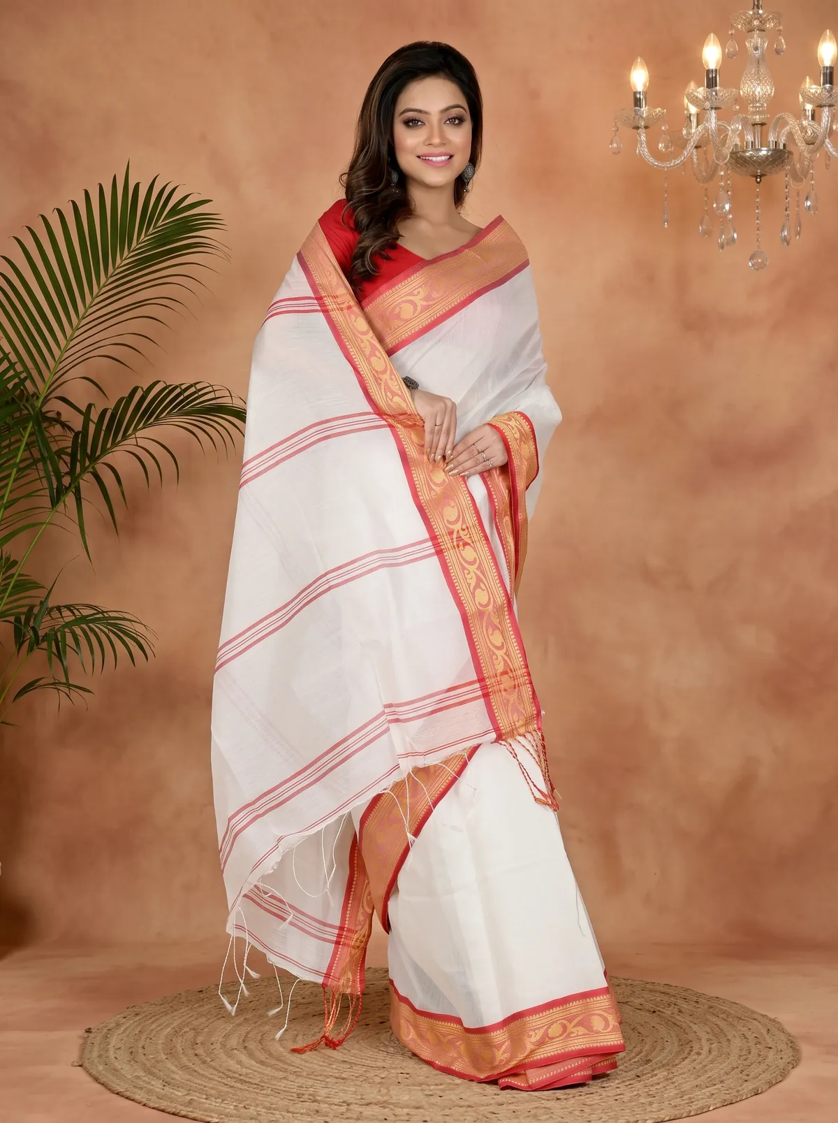 DipDiya Pure Cotton White Red Nova Crafted in Bengal Handloom Sarees