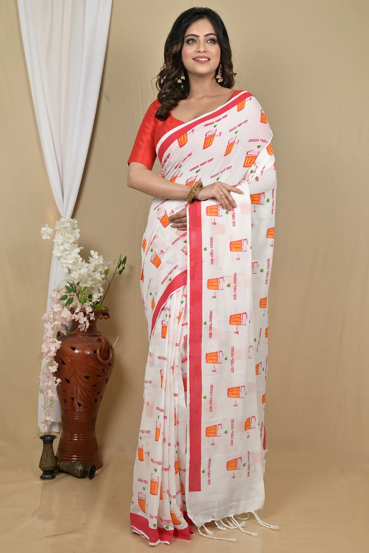 DipDiya Pure Cotton White Red Pinal Heritage of Bengal Printed Handloom Sarees