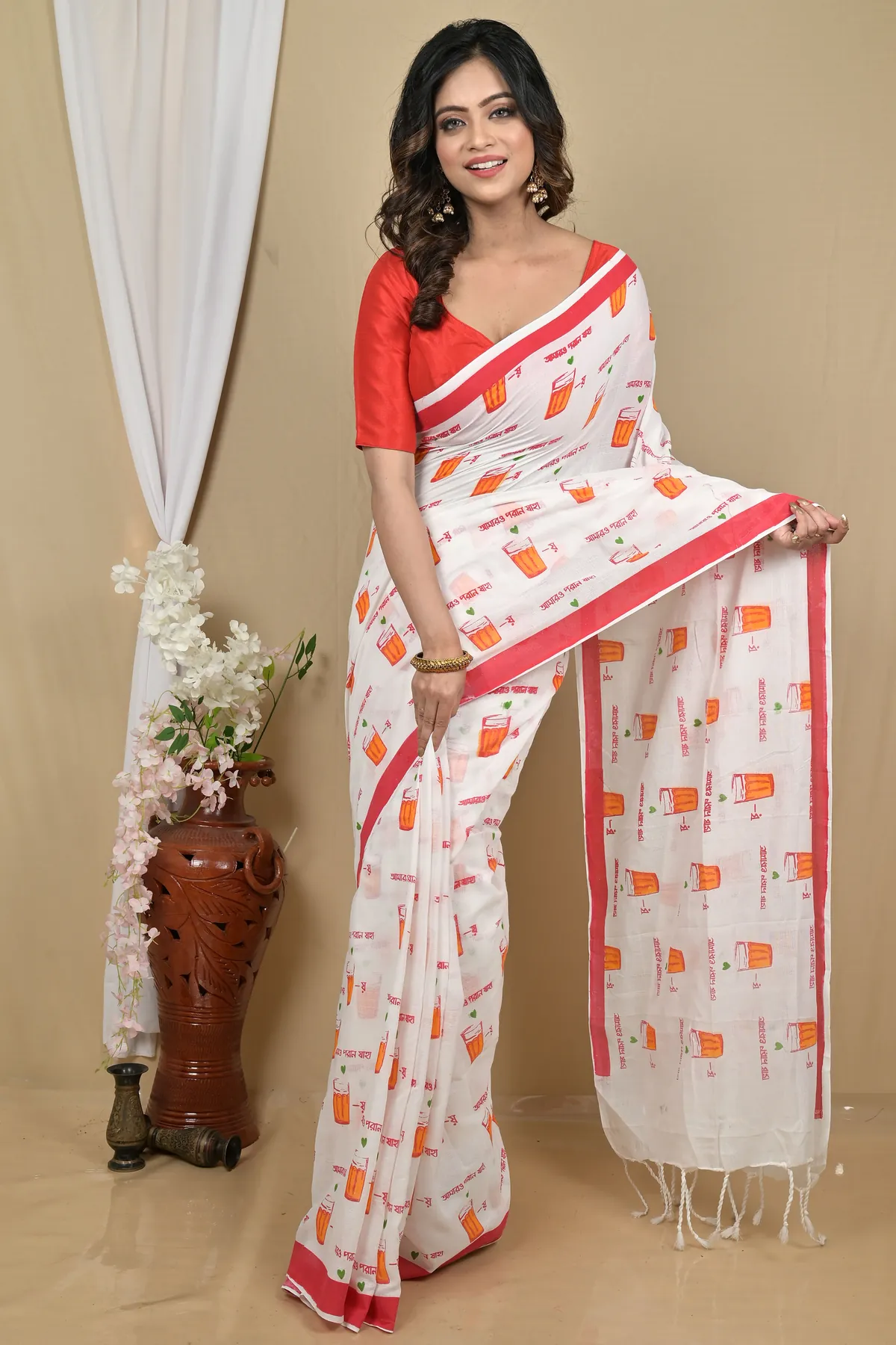 DipDiya Pure Cotton White Red Pinal Heritage of Bengal Printed Handloom Sarees
