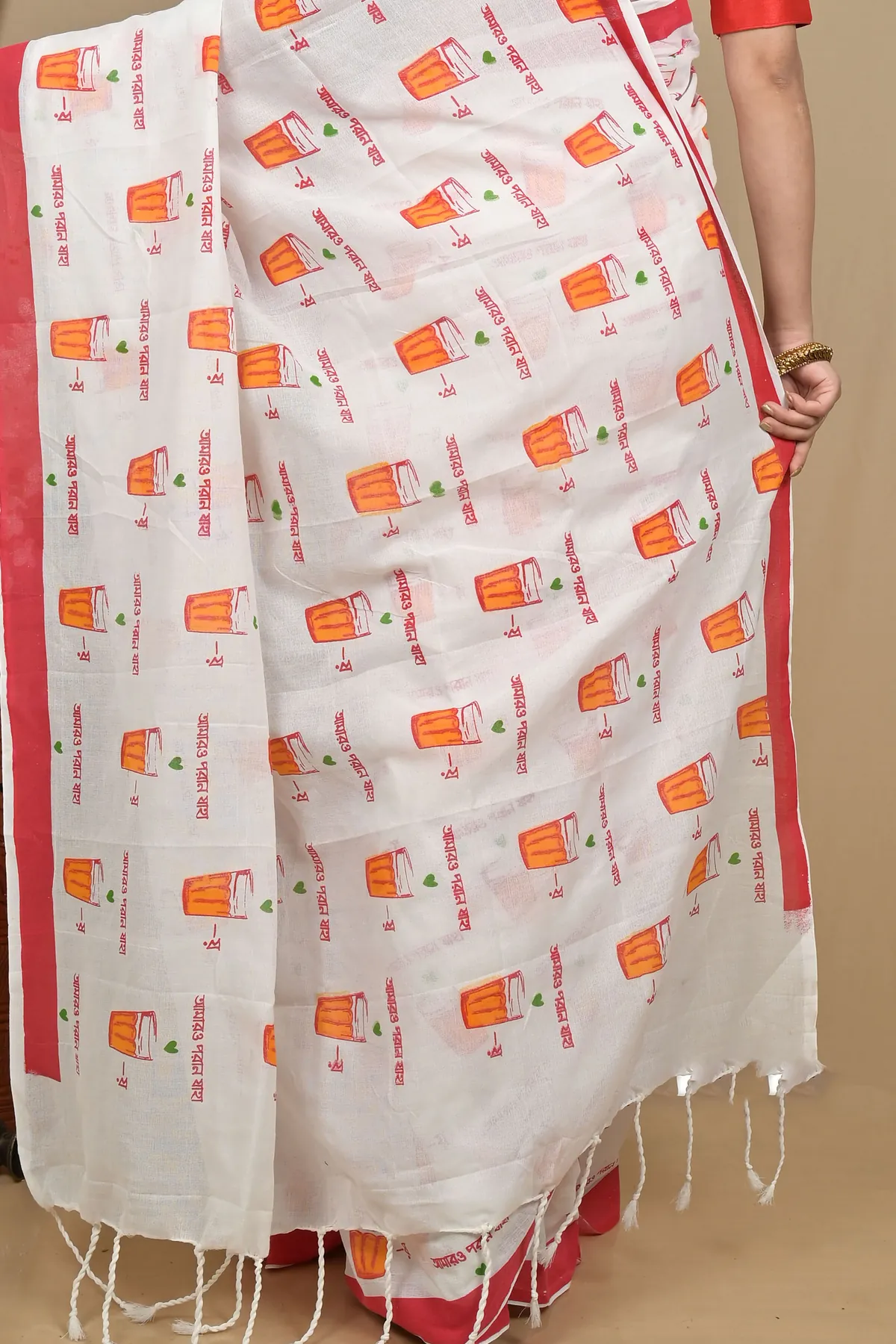 DipDiya Pure Cotton White Red Pinal Heritage of Bengal Printed Handloom Sarees