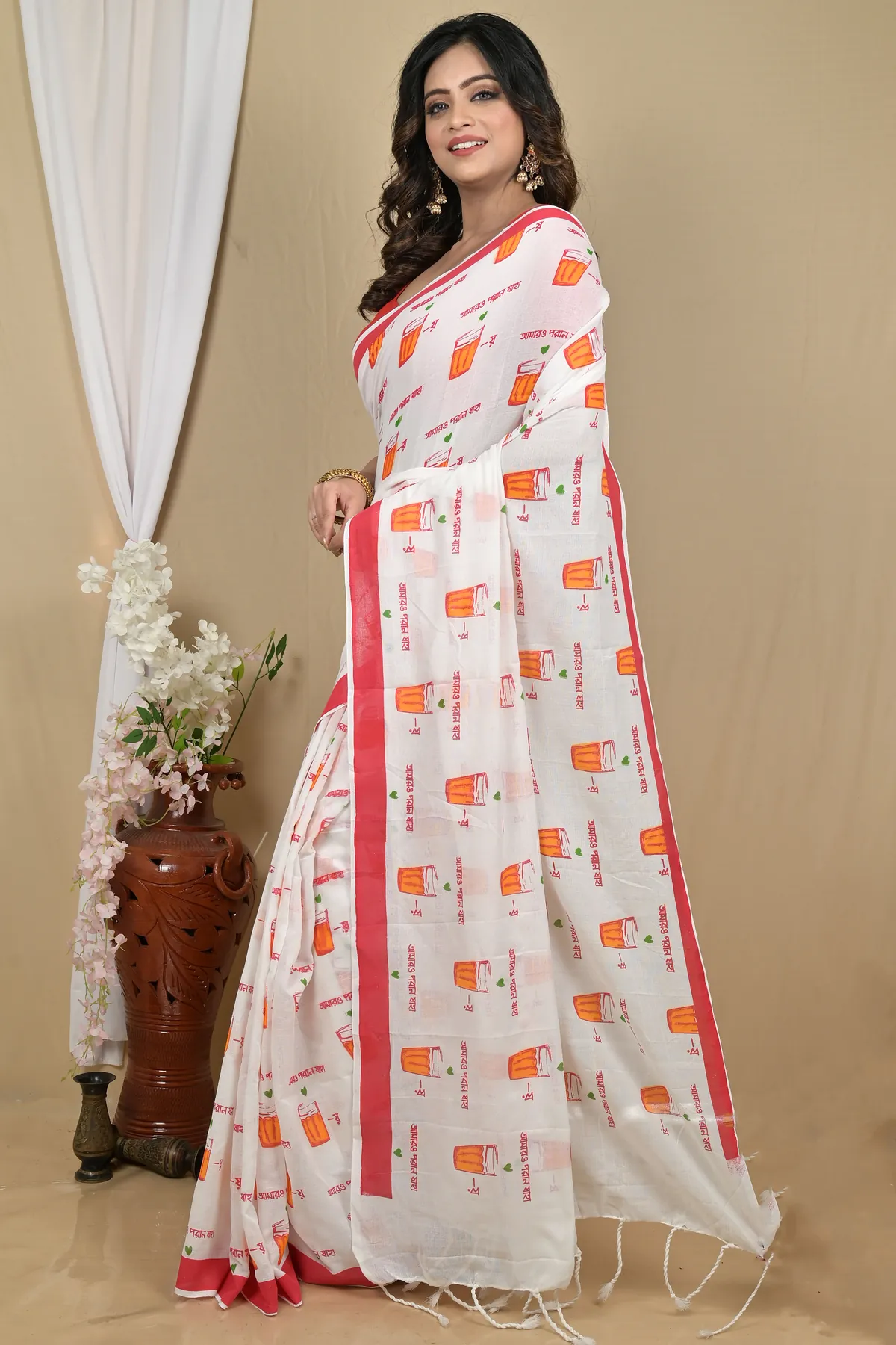 DipDiya Pure Cotton White Red Pinal Heritage of Bengal Printed Handloom Sarees