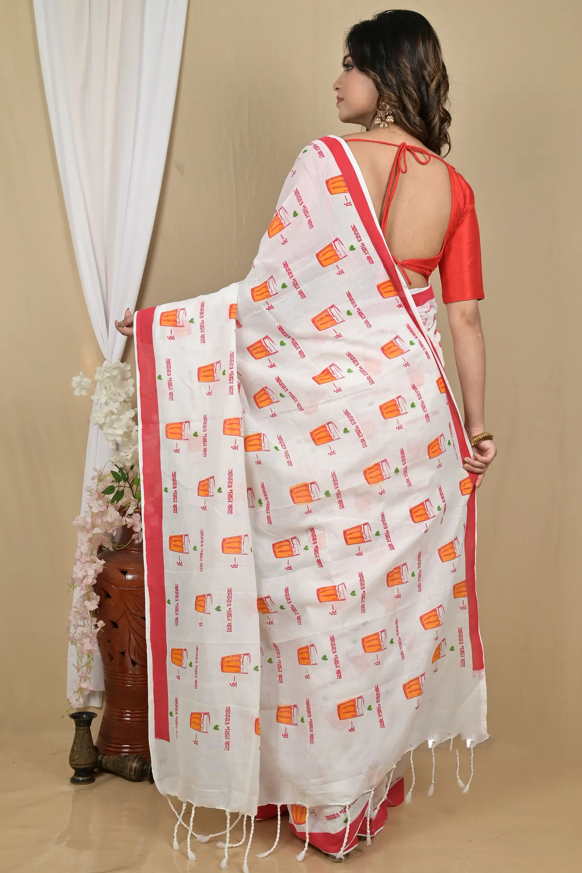 DipDiya Pure Cotton White Red Pinal Heritage of Bengal Printed Handloom Sarees