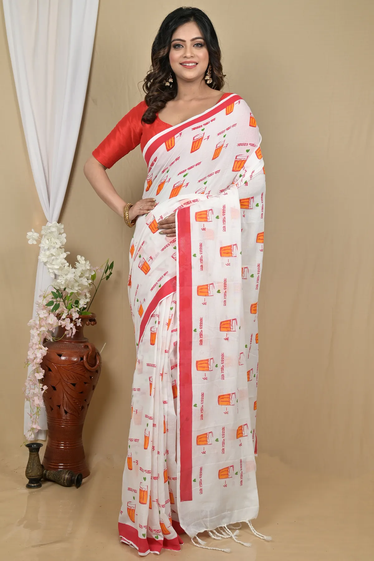 DipDiya Pure Cotton White Red Pinal Heritage of Bengal Printed Handloom Sarees
