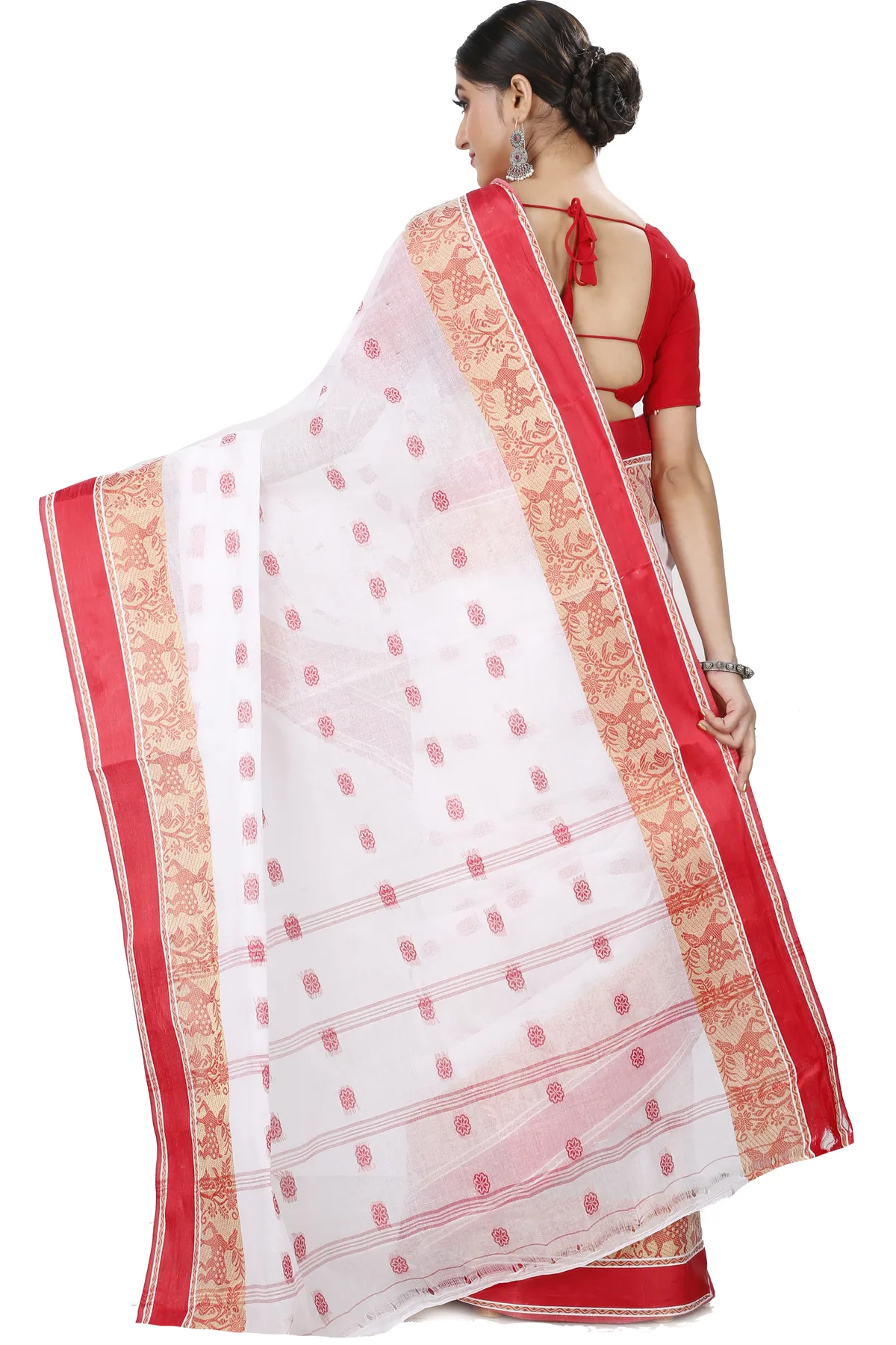 DipDiya Pure Cotton White Red Sadasob Classic Bengali Tant Sarees