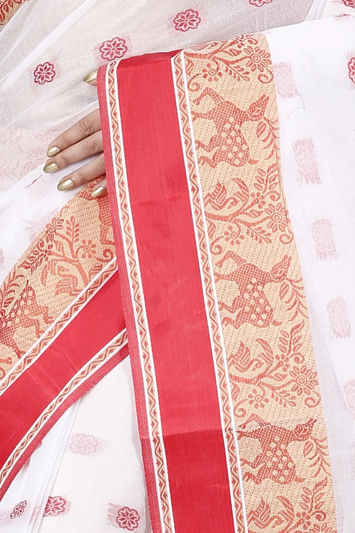 DipDiya Pure Cotton White Red Sadasob Classic Bengali Tant Sarees