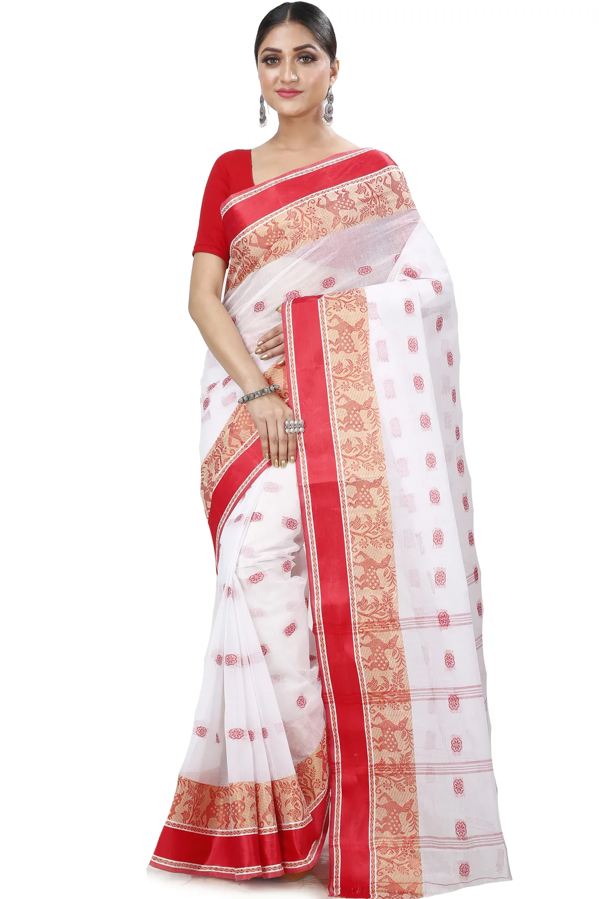 DipDiya Pure Cotton White Red Sadasob Classic Bengali Tant Sarees