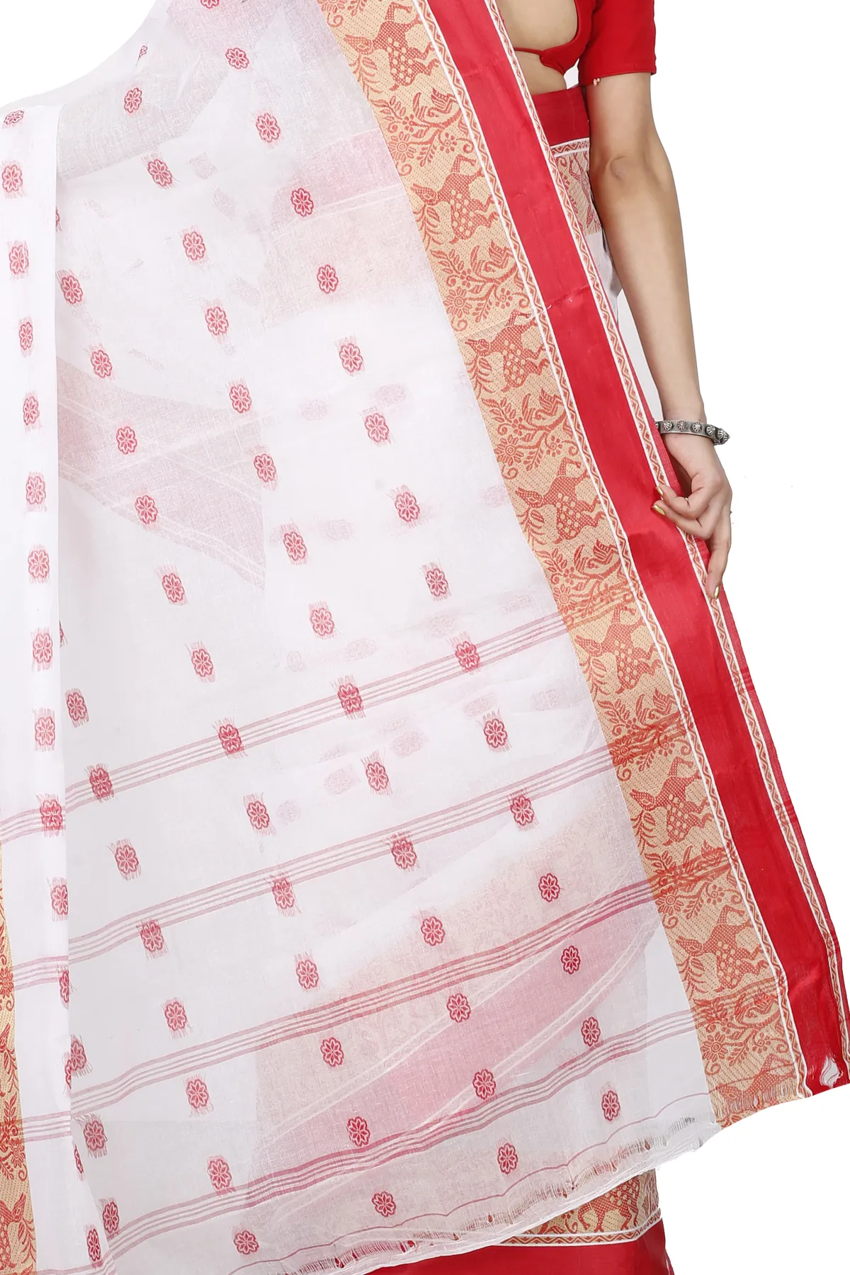 DipDiya Pure Cotton White Red Sadasob Classic Bengali Tant Sarees