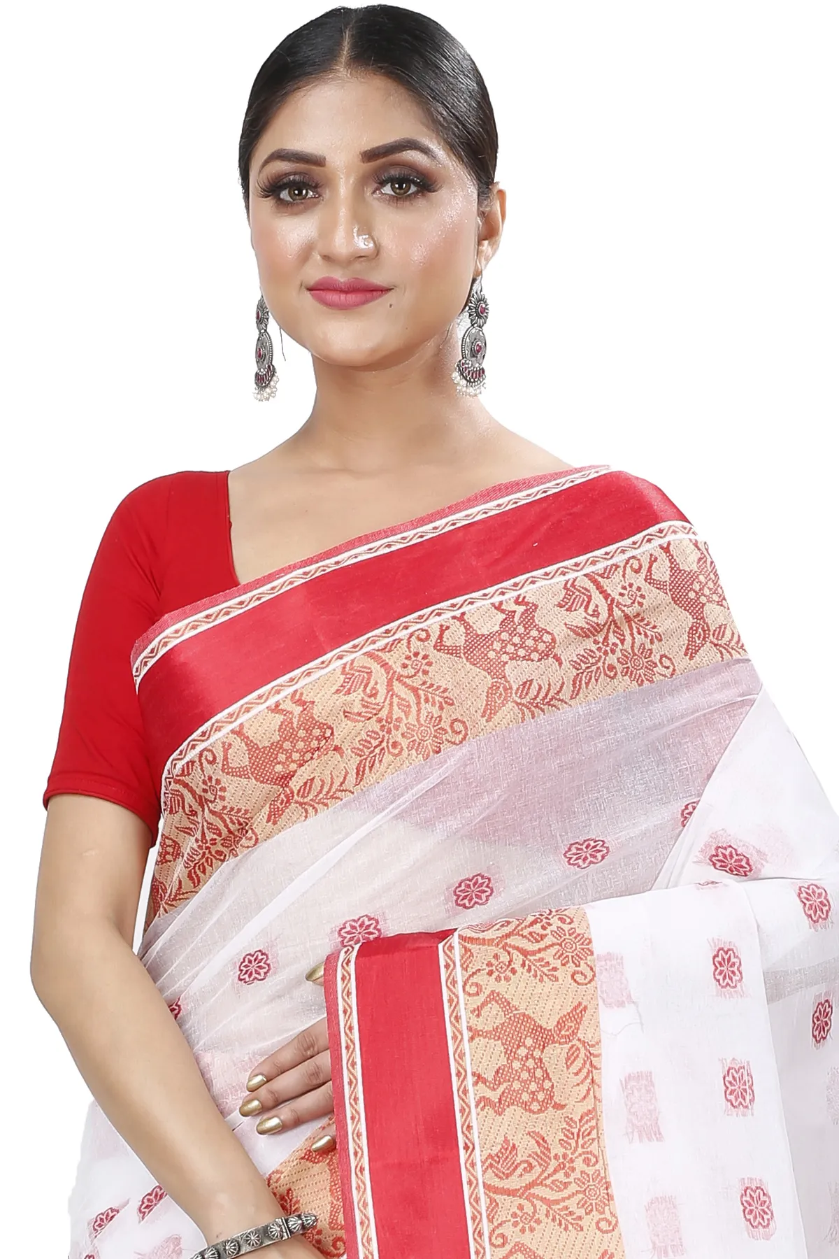 DipDiya Pure Cotton White Red Sadasob Classic Bengali Tant Sarees