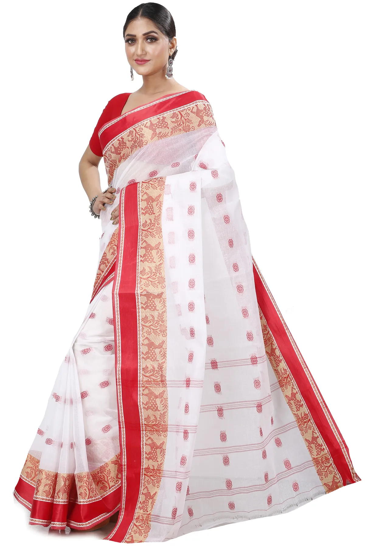 DipDiya Pure Cotton White Red Sadasob Classic Bengali Tant Sarees