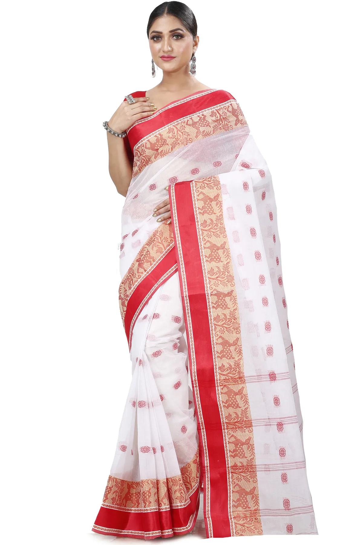 DipDiya Pure Cotton White Red Sadasob Classic Bengali Tant Sarees