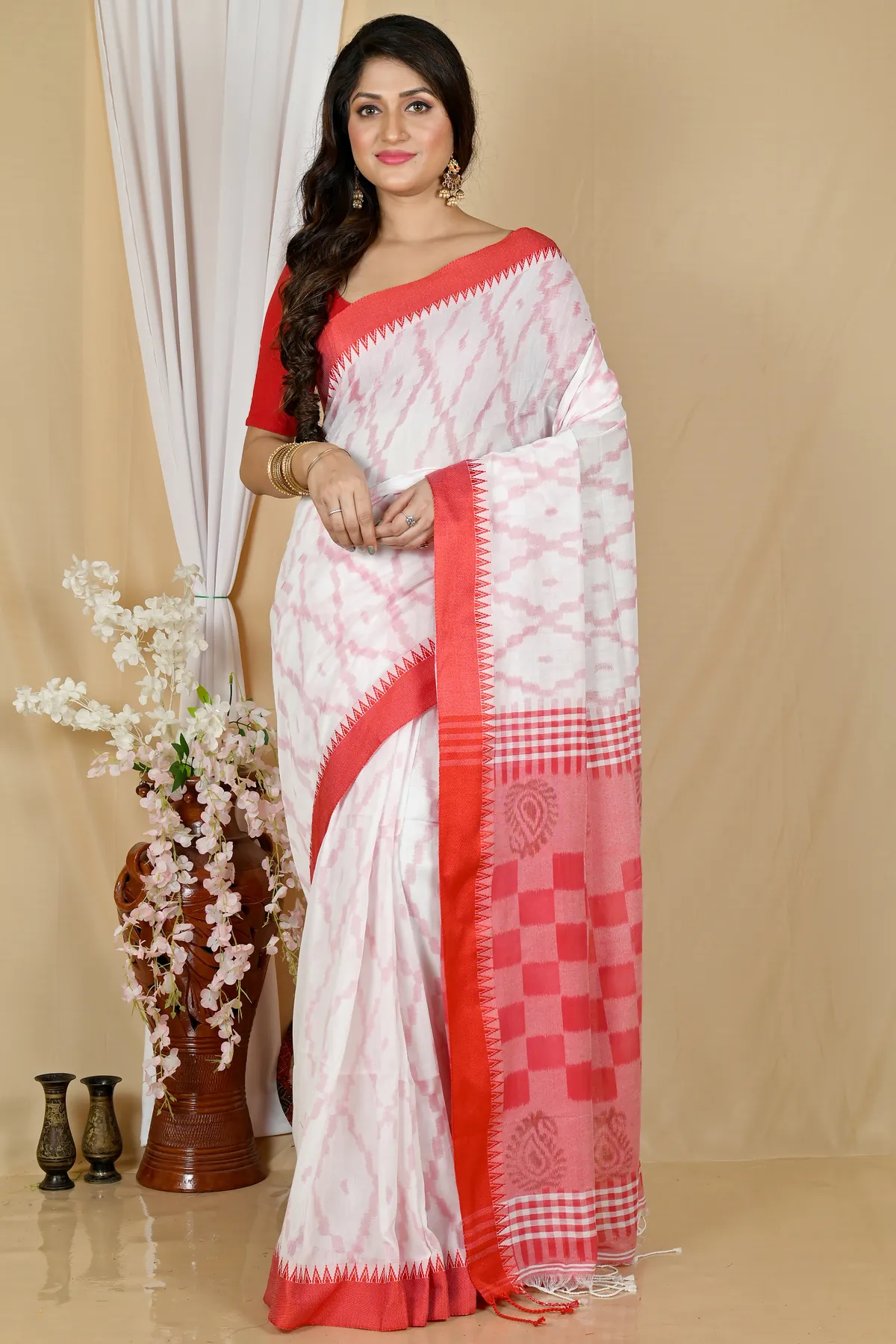 DipDiya Pure Cotton White Red Seuma Threads of Tradition Handloom Sarees