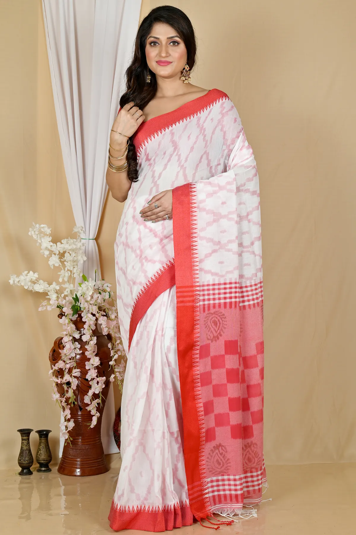 DipDiya Pure Cotton White Red Seuma Threads of Tradition Handloom Sarees