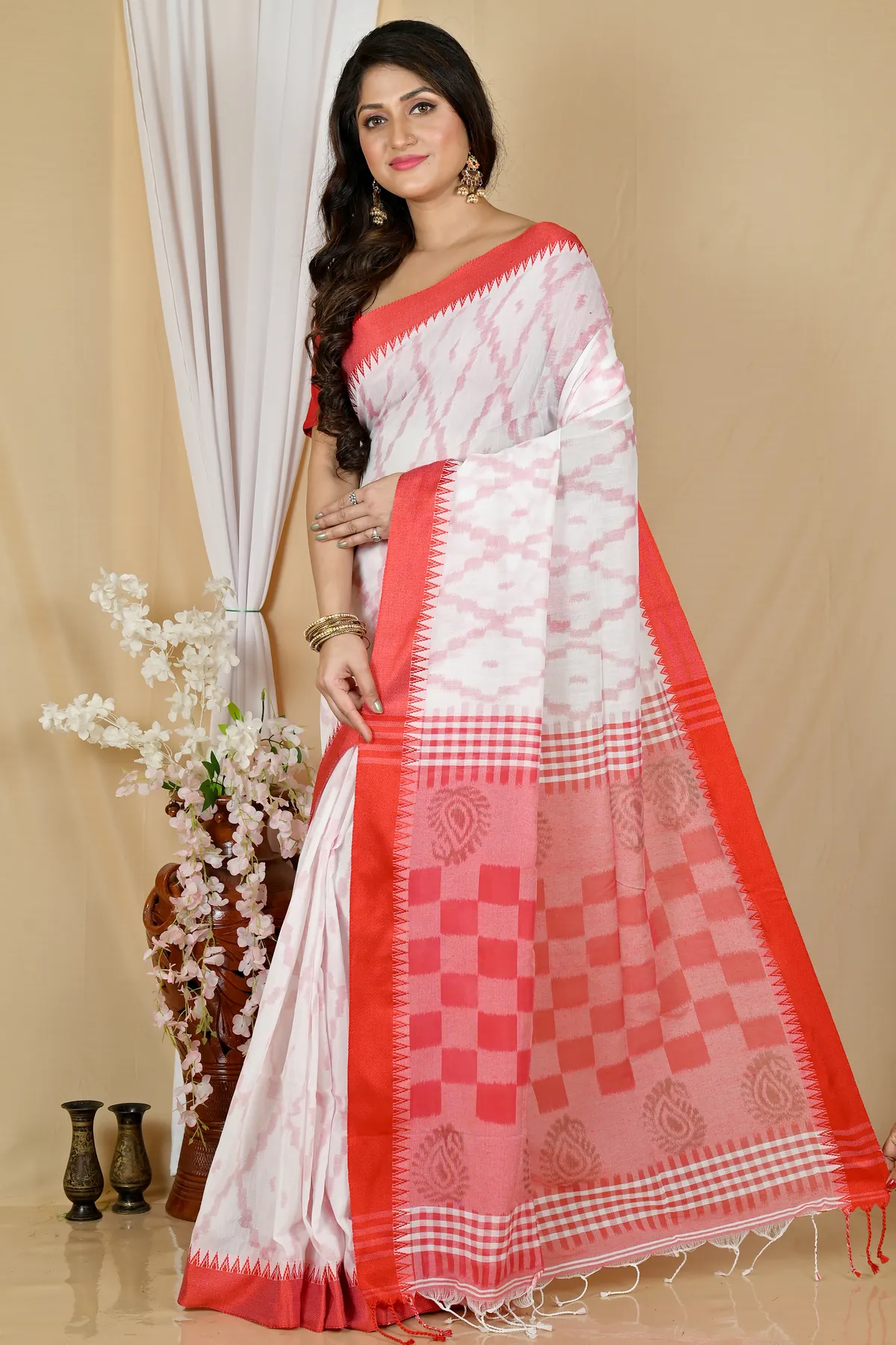 DipDiya Pure Cotton White Red Seuma Threads of Tradition Handloom Sarees
