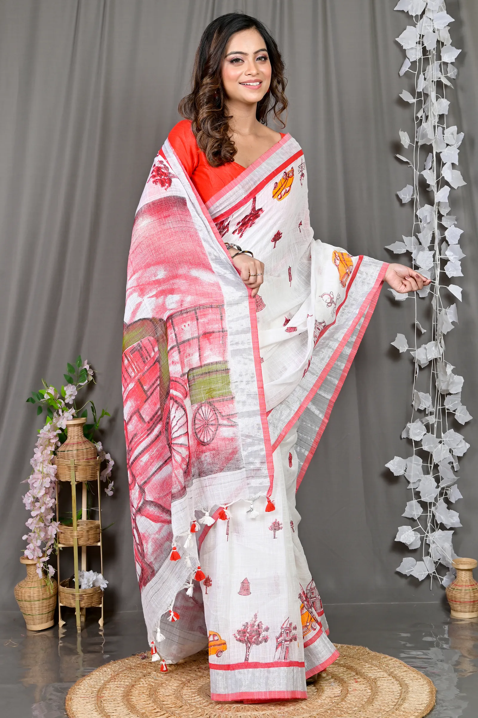 DipDiya Pure Cotton White Red Soher Handcrafted Elegance Printed Handloom Sarees