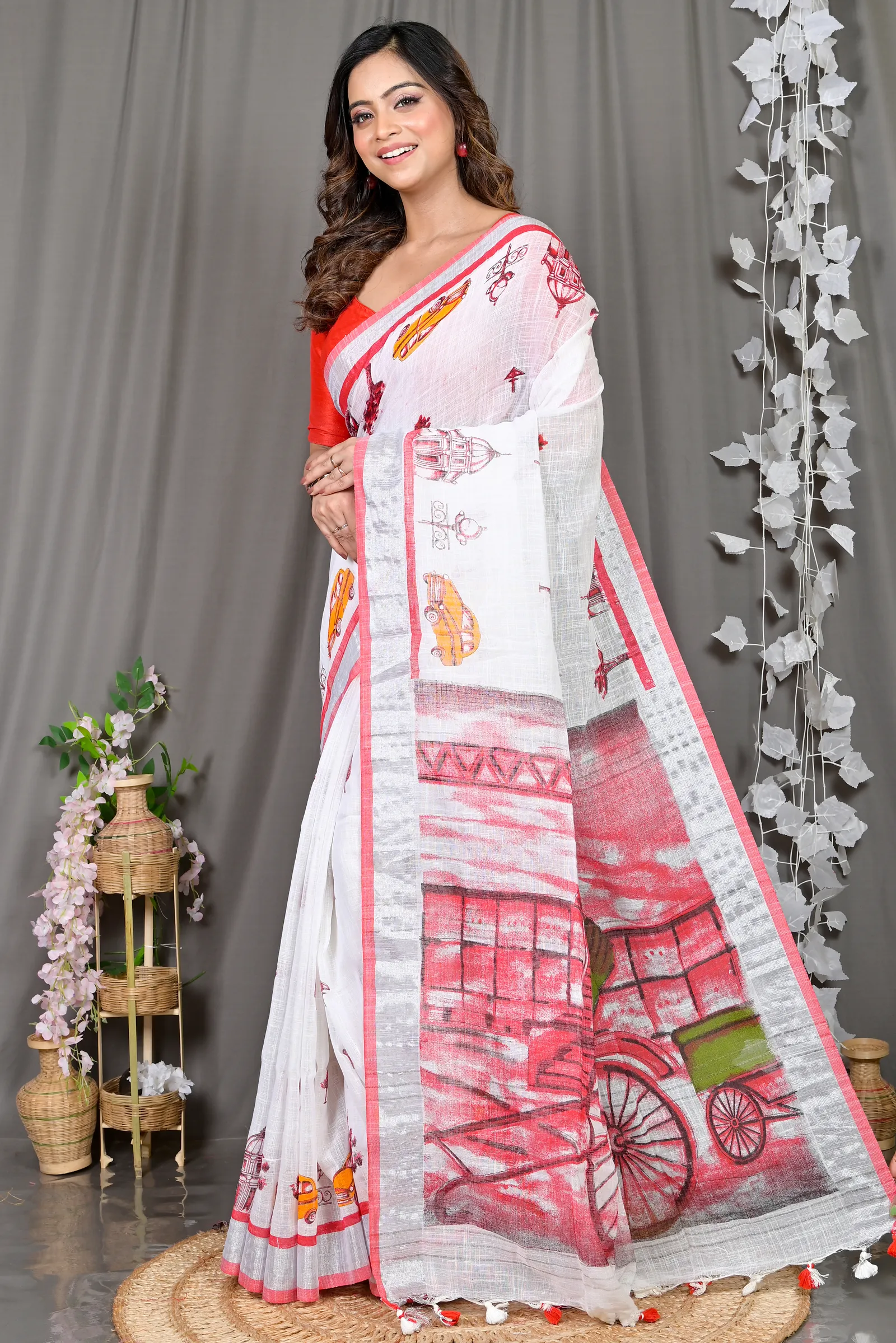 DipDiya Pure Cotton White Red Soher Handcrafted Elegance Printed Handloom Sarees