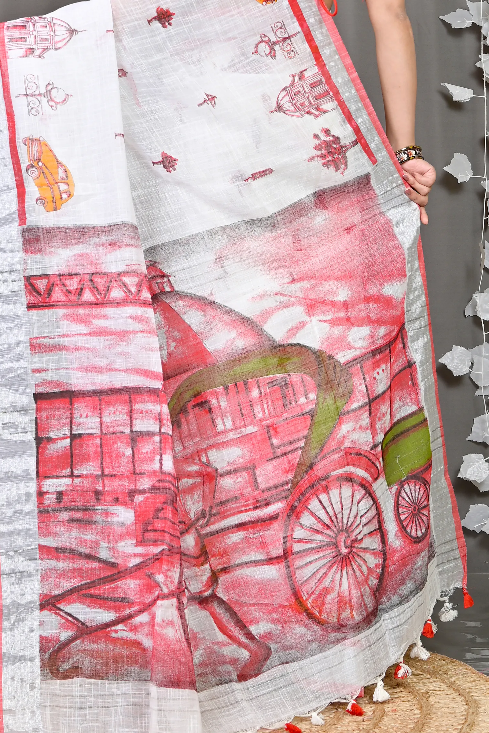 DipDiya Pure Cotton White Red Soher Handcrafted Elegance Printed Handloom Sarees