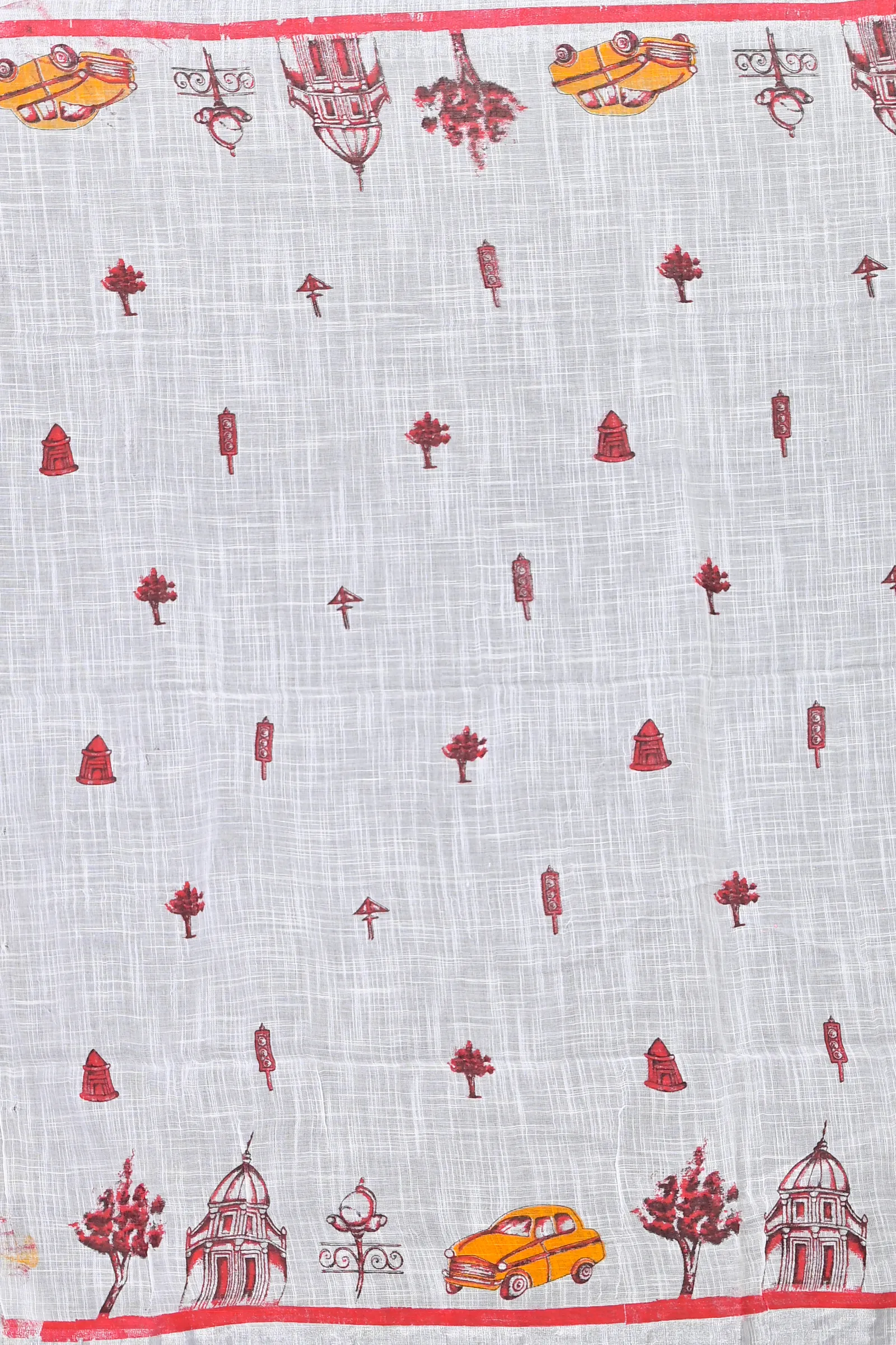 DipDiya Pure Cotton White Red Soher Handcrafted Elegance Printed Handloom Sarees