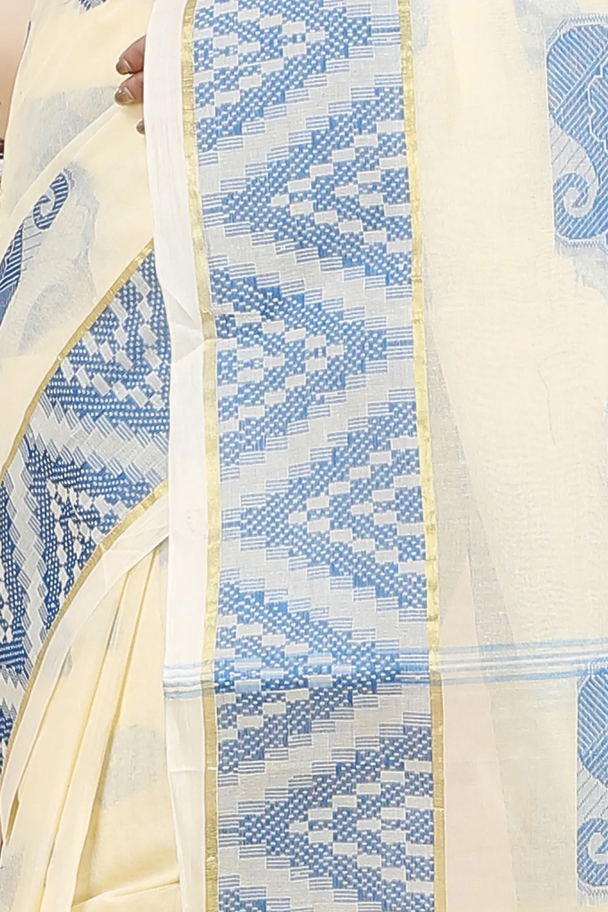 DipDiya Pure Cotton White Sky Blue Gargi Crafted by Artisans Tant Sarees