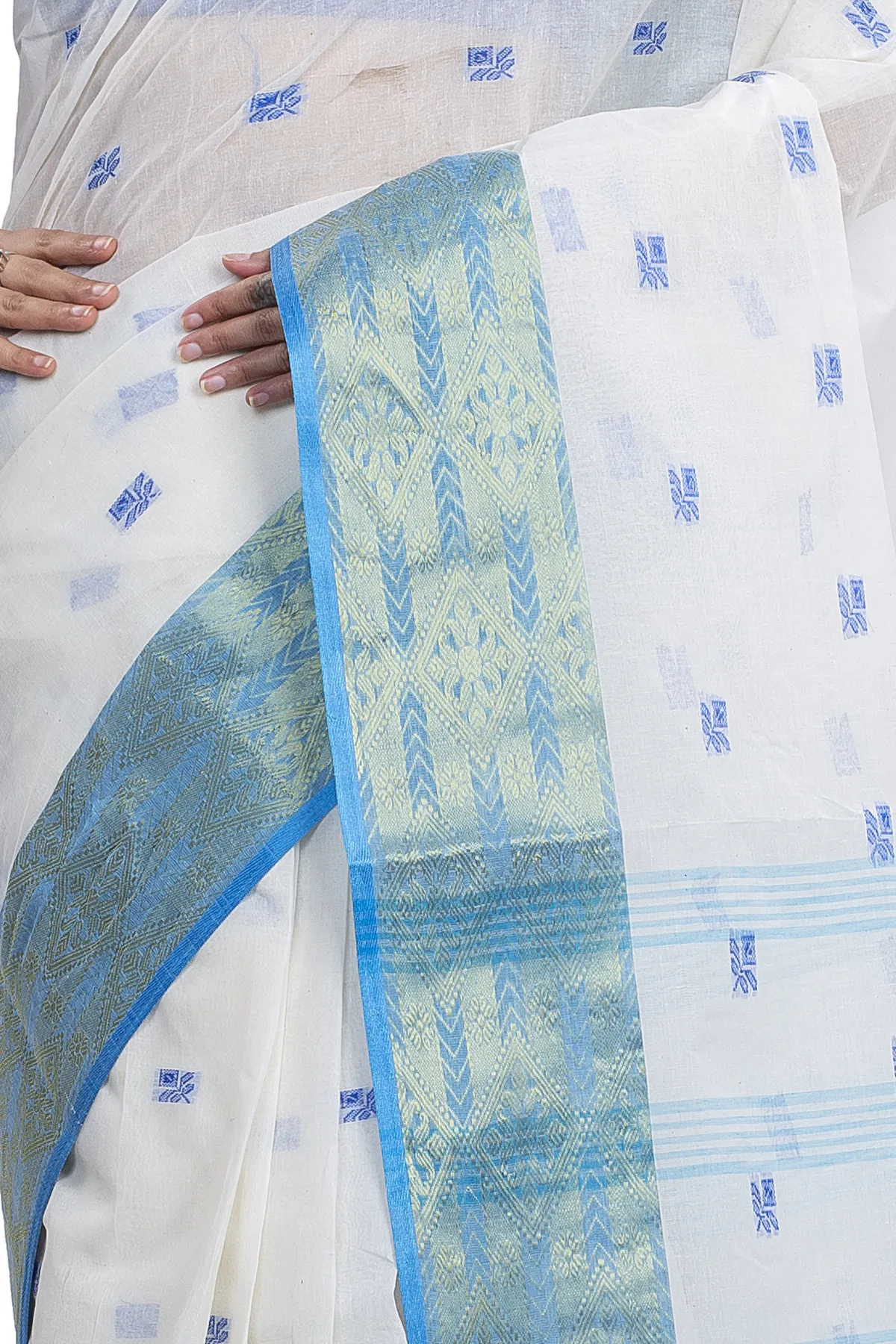 DipDiya Pure Cotton White Sky SqureButi Woven by Hand Tant Sarees