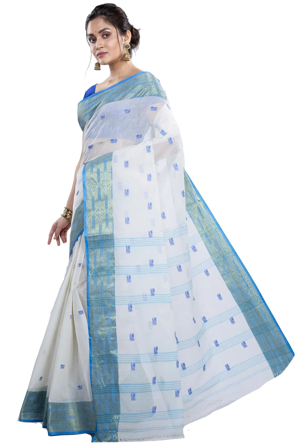 DipDiya Pure Cotton White Sky SqureButi Woven by Hand Tant Sarees