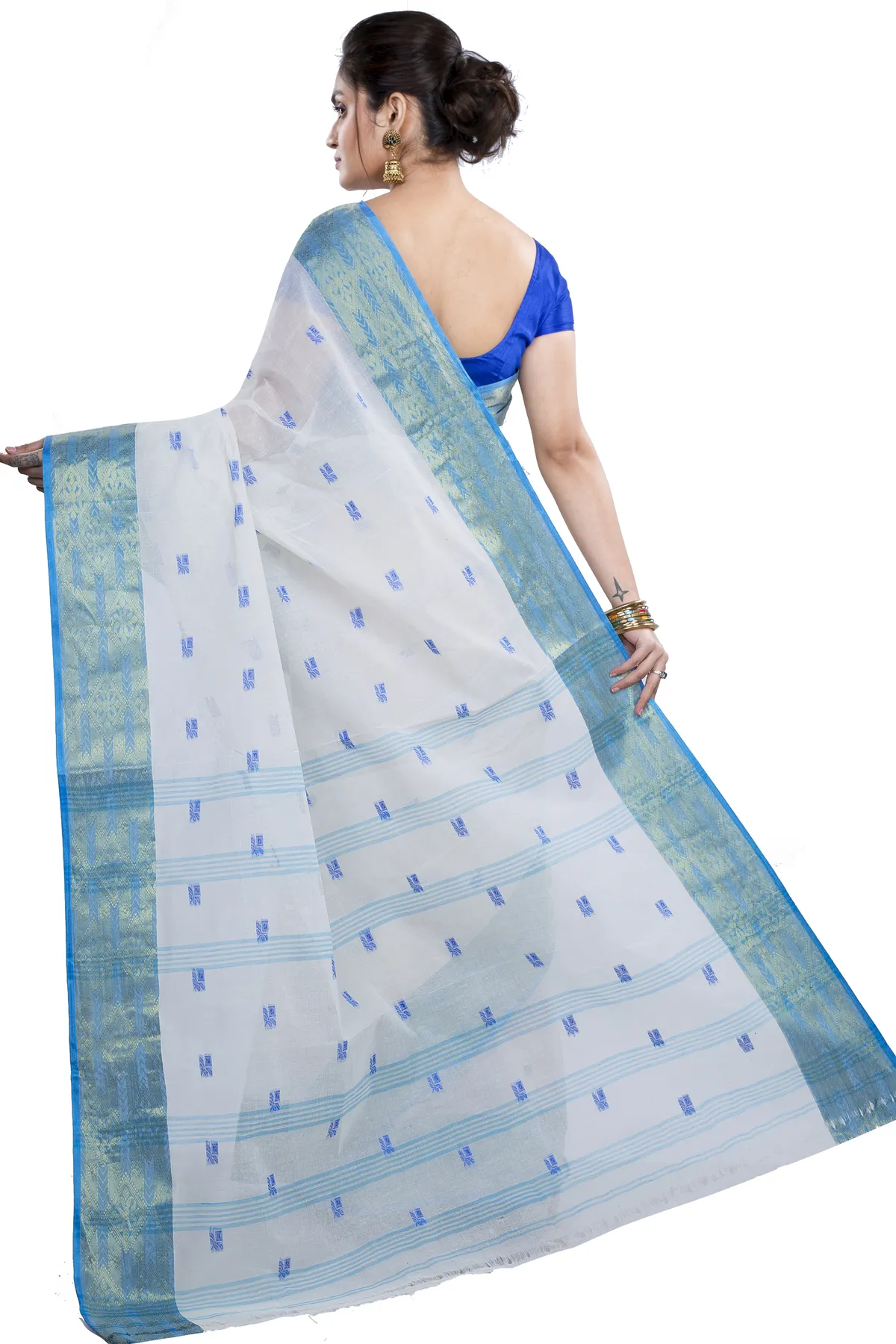 DipDiya Pure Cotton White Sky SqureButi Woven by Hand Tant Sarees
