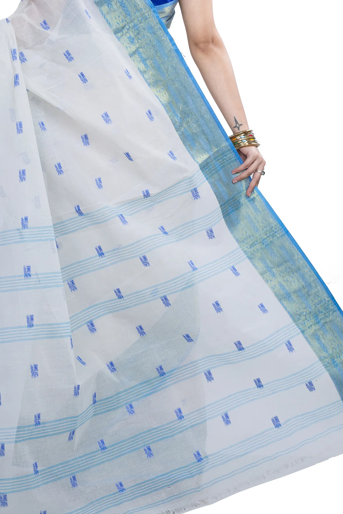 DipDiya Pure Cotton White Sky SqureButi Woven by Hand Tant Sarees
