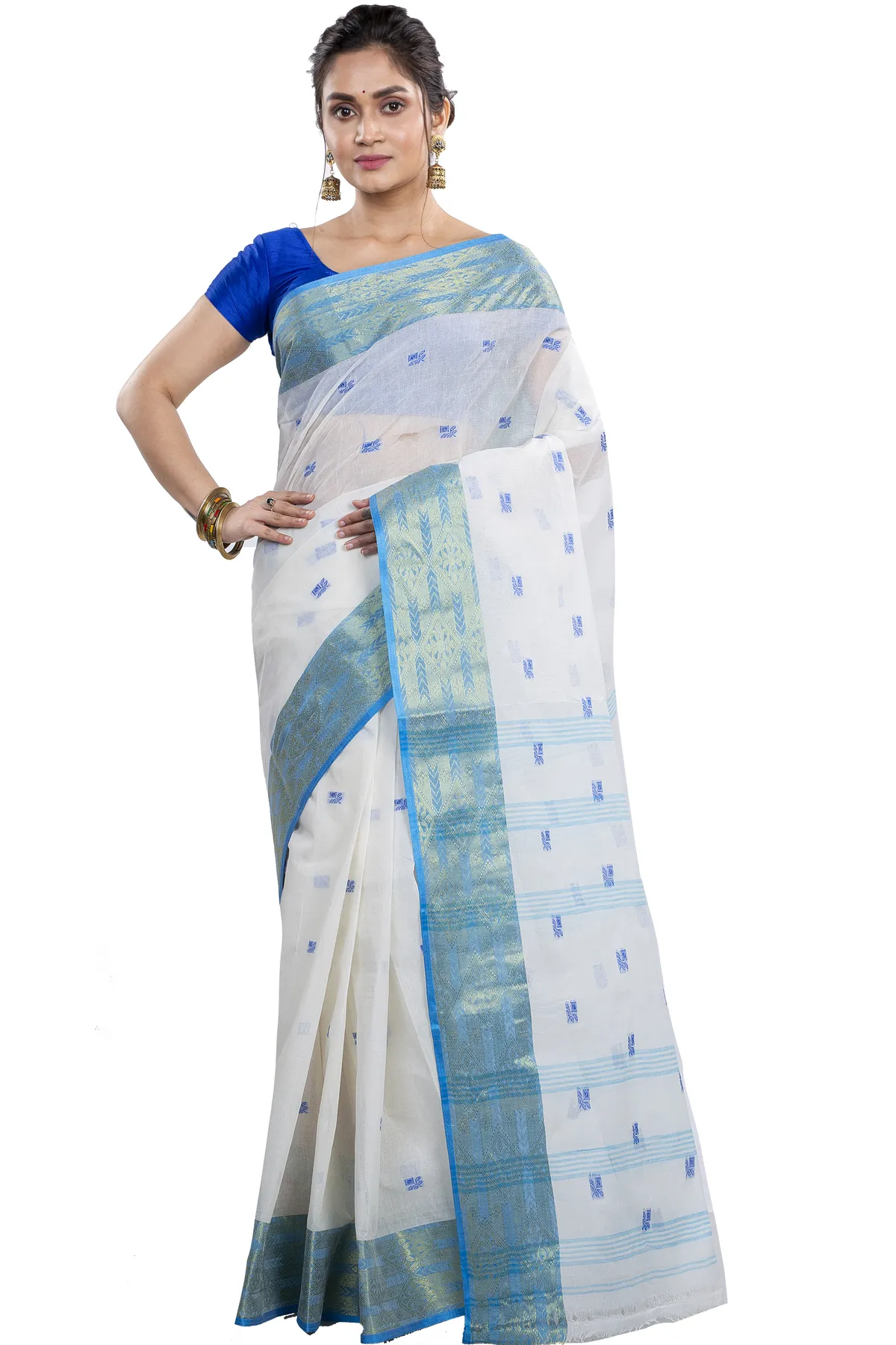 DipDiya Pure Cotton White Sky SqureButi Woven by Hand Tant Sarees