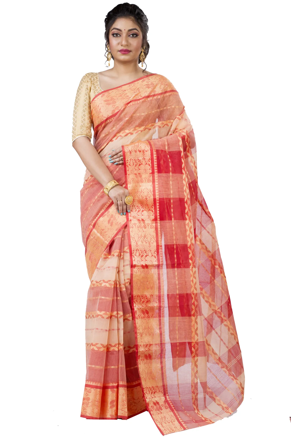 DipDiya Pure Cotton White SonaJhuri Desiging Grace of Bengal Tant Sarees