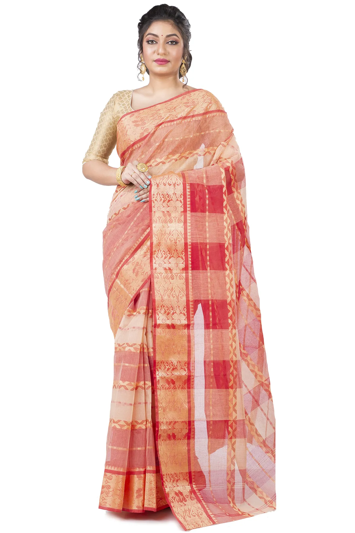 DipDiya Pure Cotton White SonaJhuri Desiging Grace of Bengal Tant Sarees