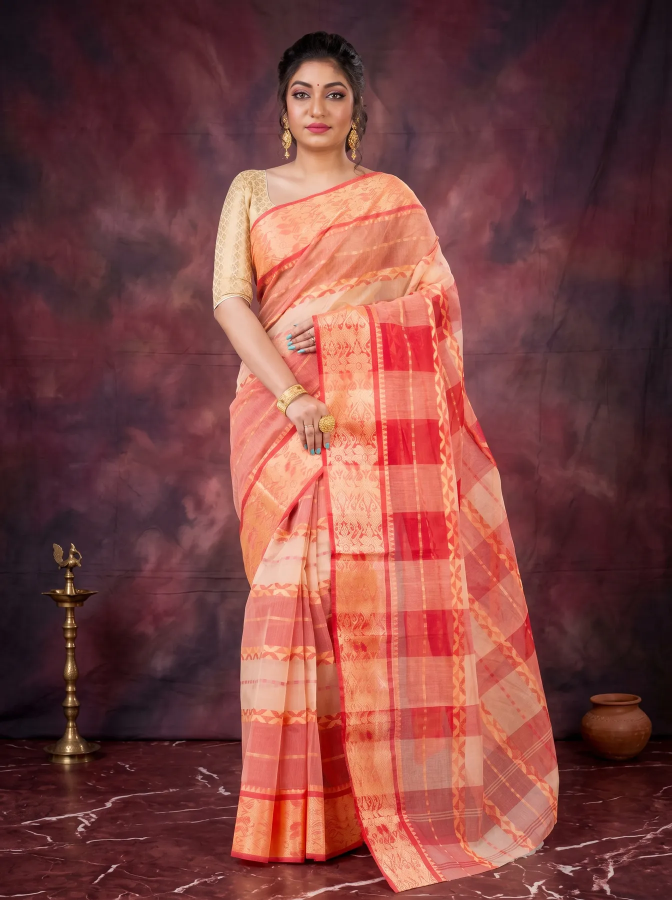 DipDiya Pure Cotton White SonaJhuri Desiging Grace of Bengal Tant Sarees